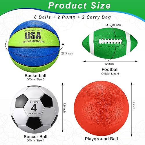 Miniatura 2 de Liliful Juego de 8 pelotas deportivas con bomba de malla, regalos para niños y adolescentes, operación de Navidad, baloncesto, fútbol, fútbol, patio