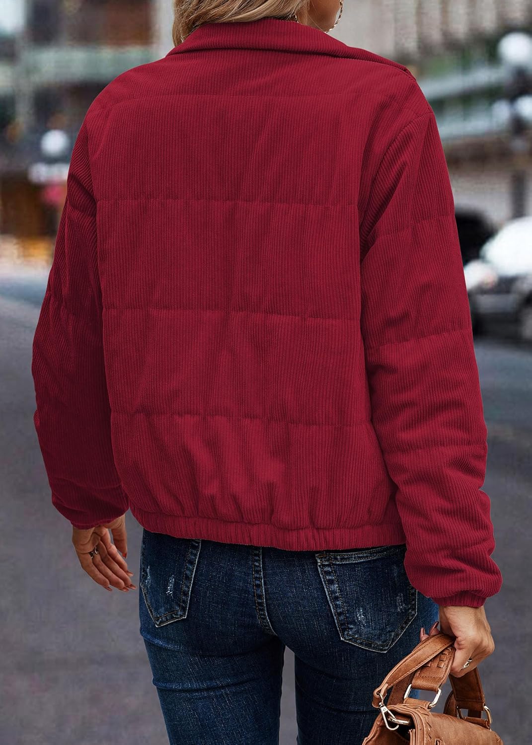 Angashion Women’s Bomber Jacket Corduroy Ribbed Quilted Zip Up Long Sleeve Winter Coat Fall Outerwear Tops with Pockets