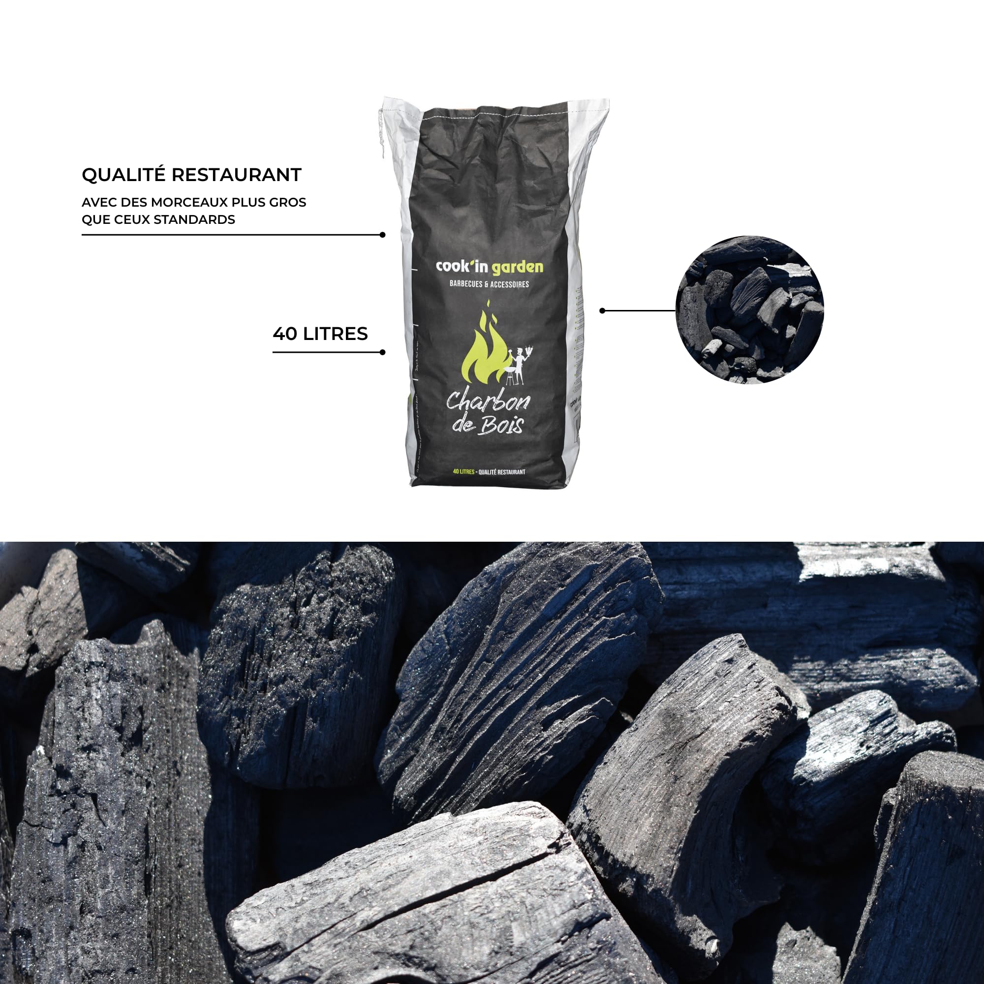 Cook’in Garden - Sac de Charbon de Bois 40L, Qualité Restaurant, Gros Charbon FSC® 100%, Fabriqué en Europe, Idéal Barbecue Extérieur Terrasse Jardin, Allumage Facile, Noir