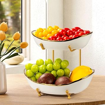 2 Tier Ceramic Fruit Bowl, Fruit Basket for Kitchen Counter, Tiered Fruit Rack for Countertop, Modern Multi Large Capacity Serving Holder for Party Dessert, Vegetable, SnackGold&White
