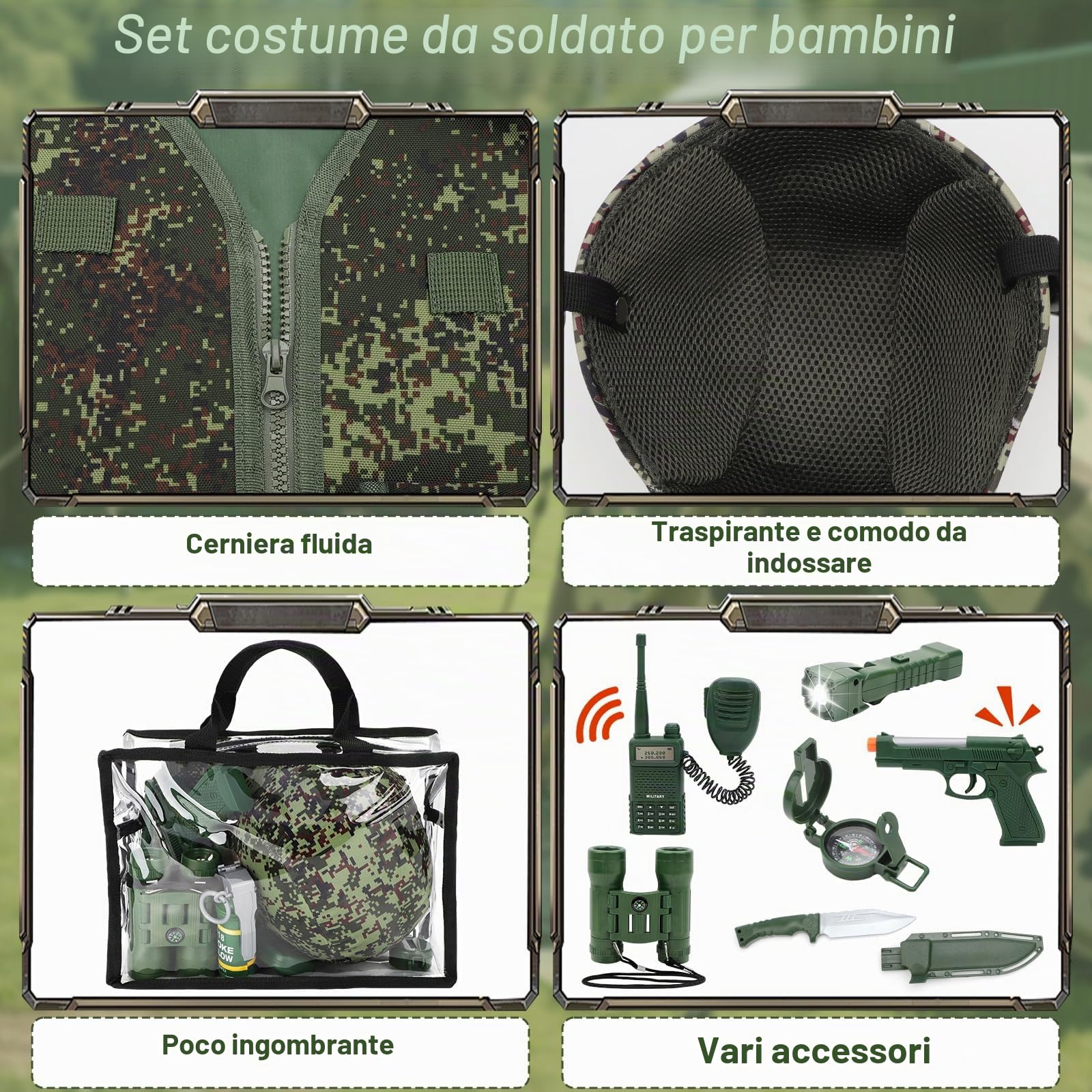 deAO Costume da Soldato per Bambini, Set Travestimento Militare Mimetica | Elmetto, Binocolo, Pistola Giocattolo, Granate Giocattolo, Accessori per Soldato Militare - Set per Gioco di Ruolo, 3 Anni+