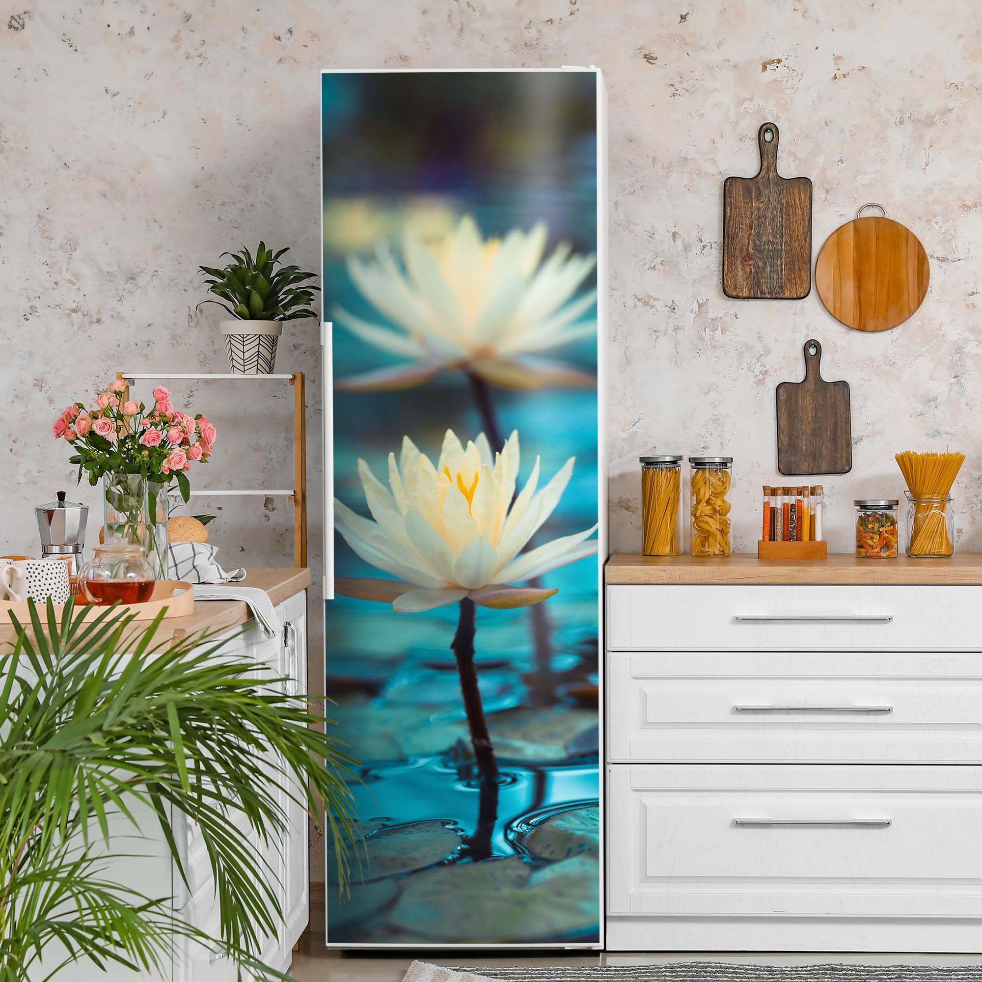 DEQORI Folia magnetyczna do lodówki 60 x 190 cm | motyw lilii wodnych | dekoracyjna mata magnetyczna ochrona przed zamrażarką | magnetyczna folia dekoracyjna samoprzylepna, magnetyczna i odporna na
