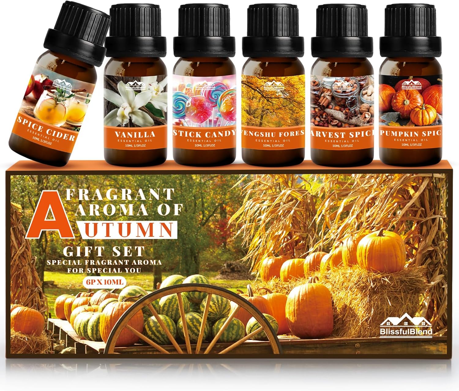 Fall Essential Oils Set for Home, Hotel and Car, Fragrance Oil Gift Set for Oil Diffusers, with Pumpkin Spice, Harvest Spices and Vanilla, Autumn Essential Oil for Candle and Soap Making 6 Pack 10ML