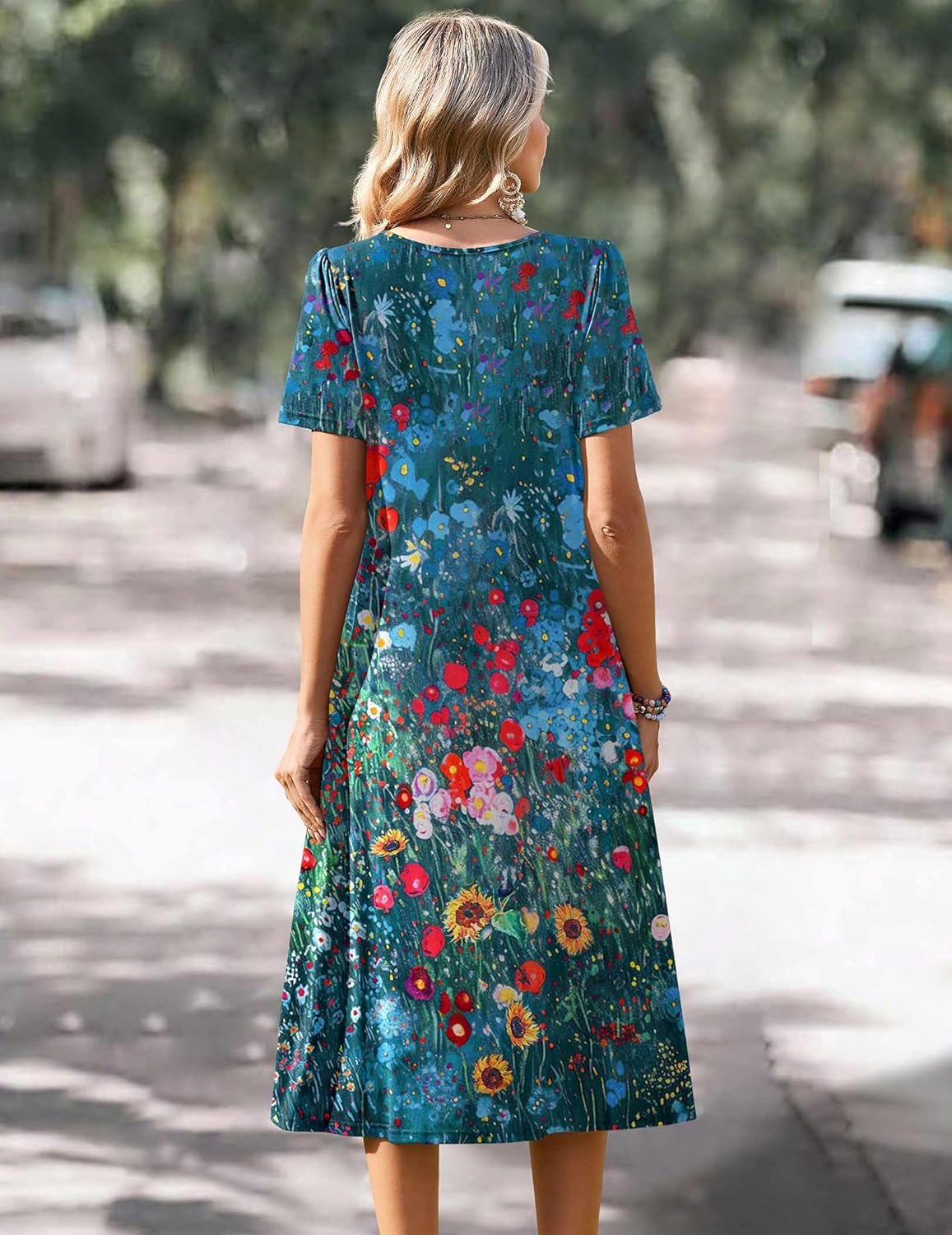 Zeagoo Summer Dress for Women Casual Floral Midi Sundress with Pockets V Neck Pleated Short Sleeve Aline Beach Vacation Dress - Image 3