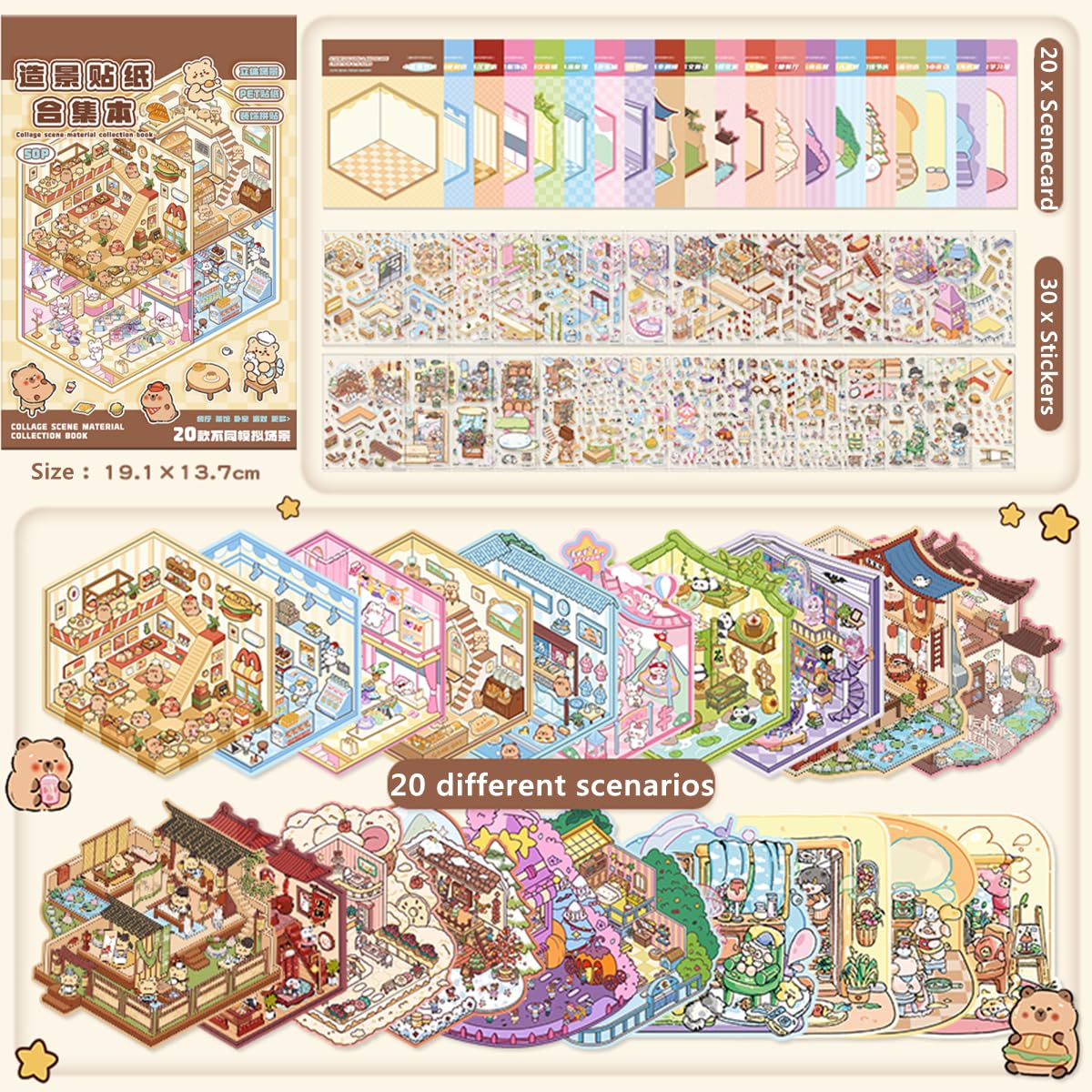 Wnqou 20 Sets DIY 3D House Stickers Collection Book, 3D Scene Simulated, Miniature Cabin Simulated Scene Game - Image 2