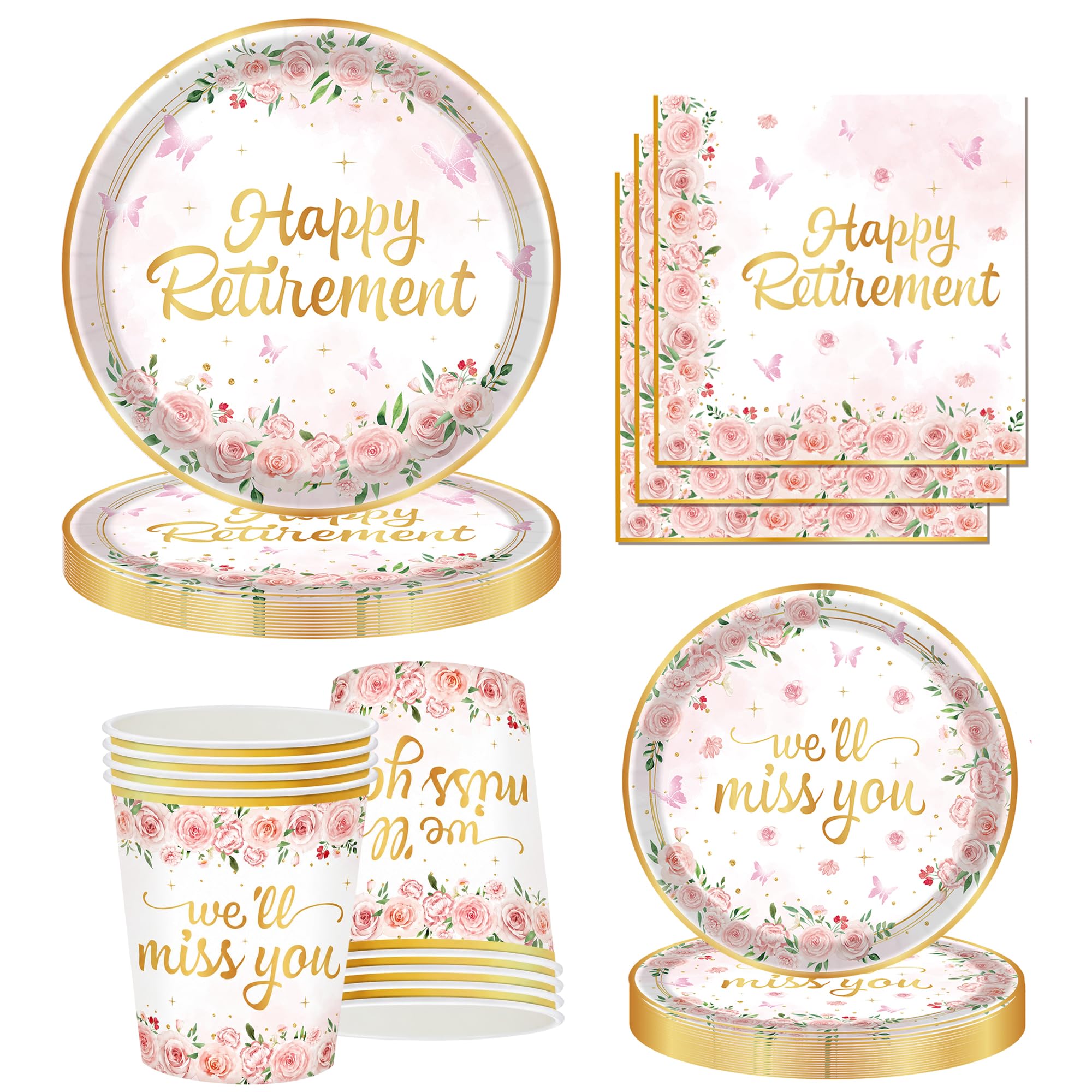 Retirement Decorations for Women 80Pcs Retirement Party Supplies Pink Gold Disposable Retirement Tablerware Decoration Favors Paper Napkins Plates Cups Happy Retirement Party Decorations (Pink)