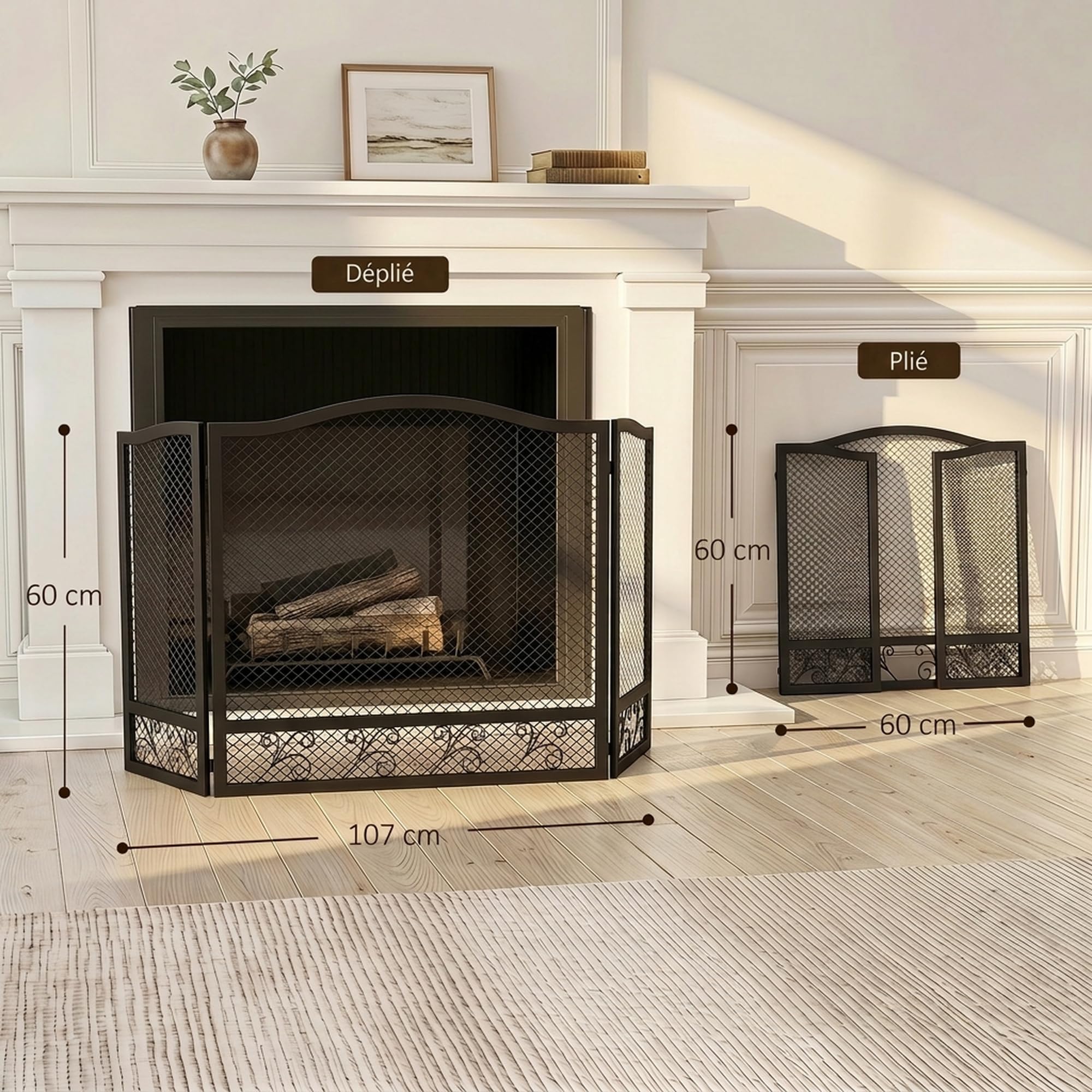 HOMCOM Pare Feu Cheminée Pliable 3 Panneaux 107 x 60 cm Métal Noir
