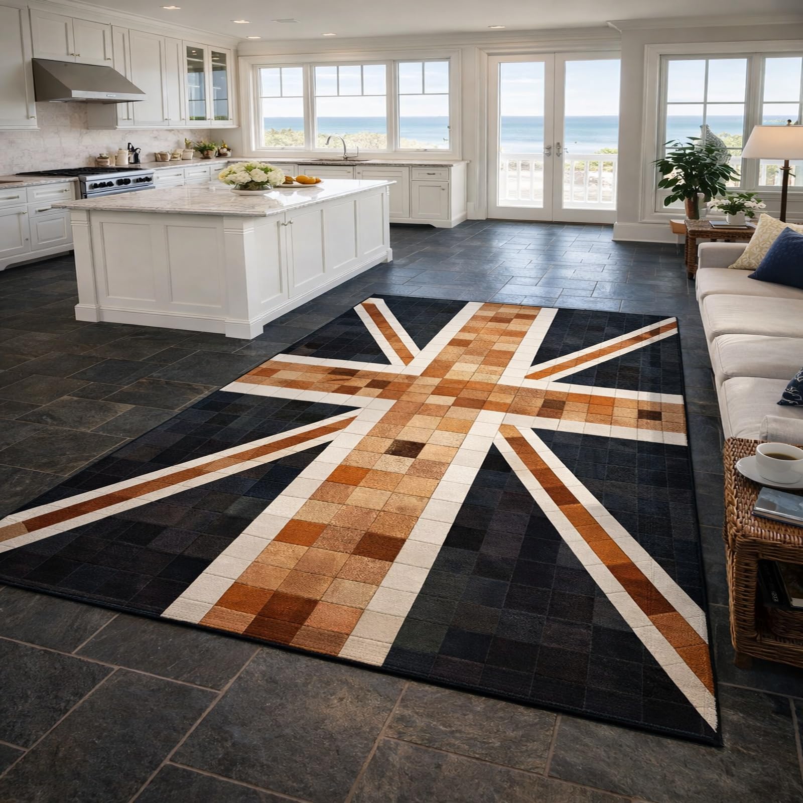 Tapis géométrique moderne marron blanc noir 150x150 cm lavable