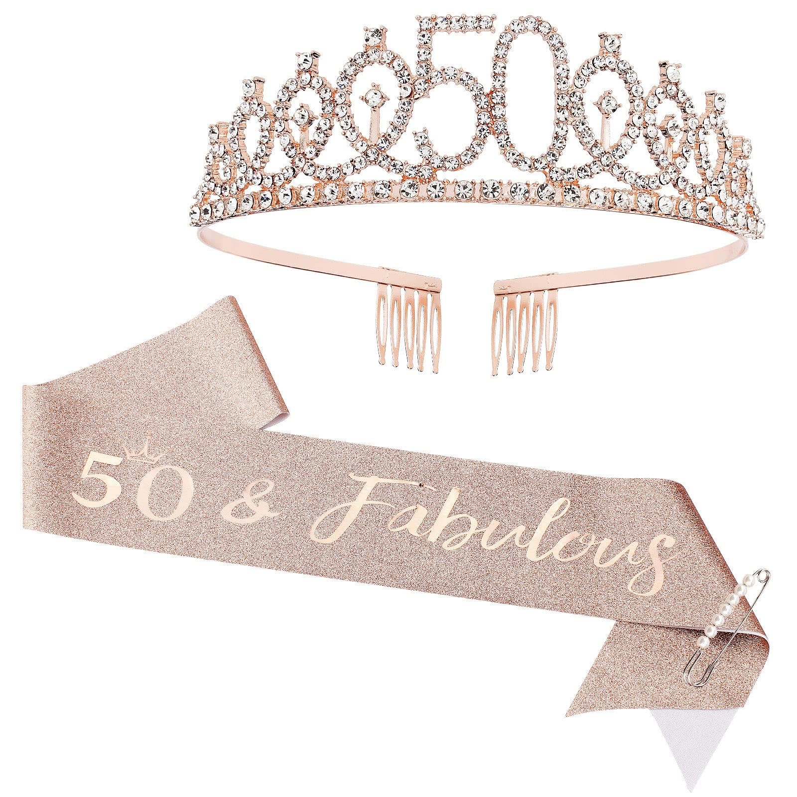 50th Birthday Sash and Tiara Set Rose Gold Birthday Sash Crown Birthday Party Favors Supplies for Birthday Party
