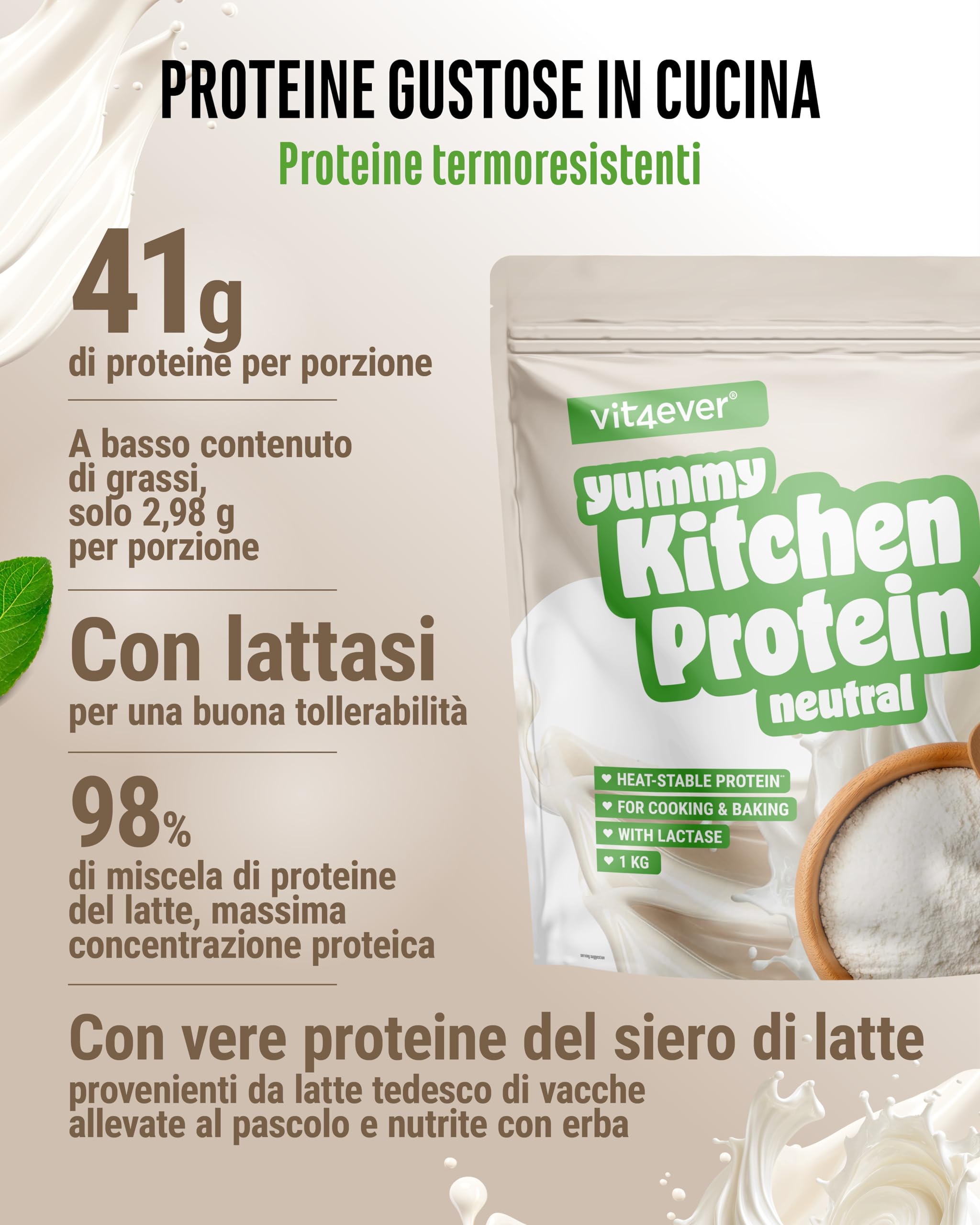 vit4ever Yummy Kitchen - 82% Proteine - 1000 g di Polvere - Neutro | Proteine per Cucinare e Fare Dolci - Termostabile, con Lattasi, Low Carb, Low Sugar, Senza Glutine e Senza Aromi Artificiali