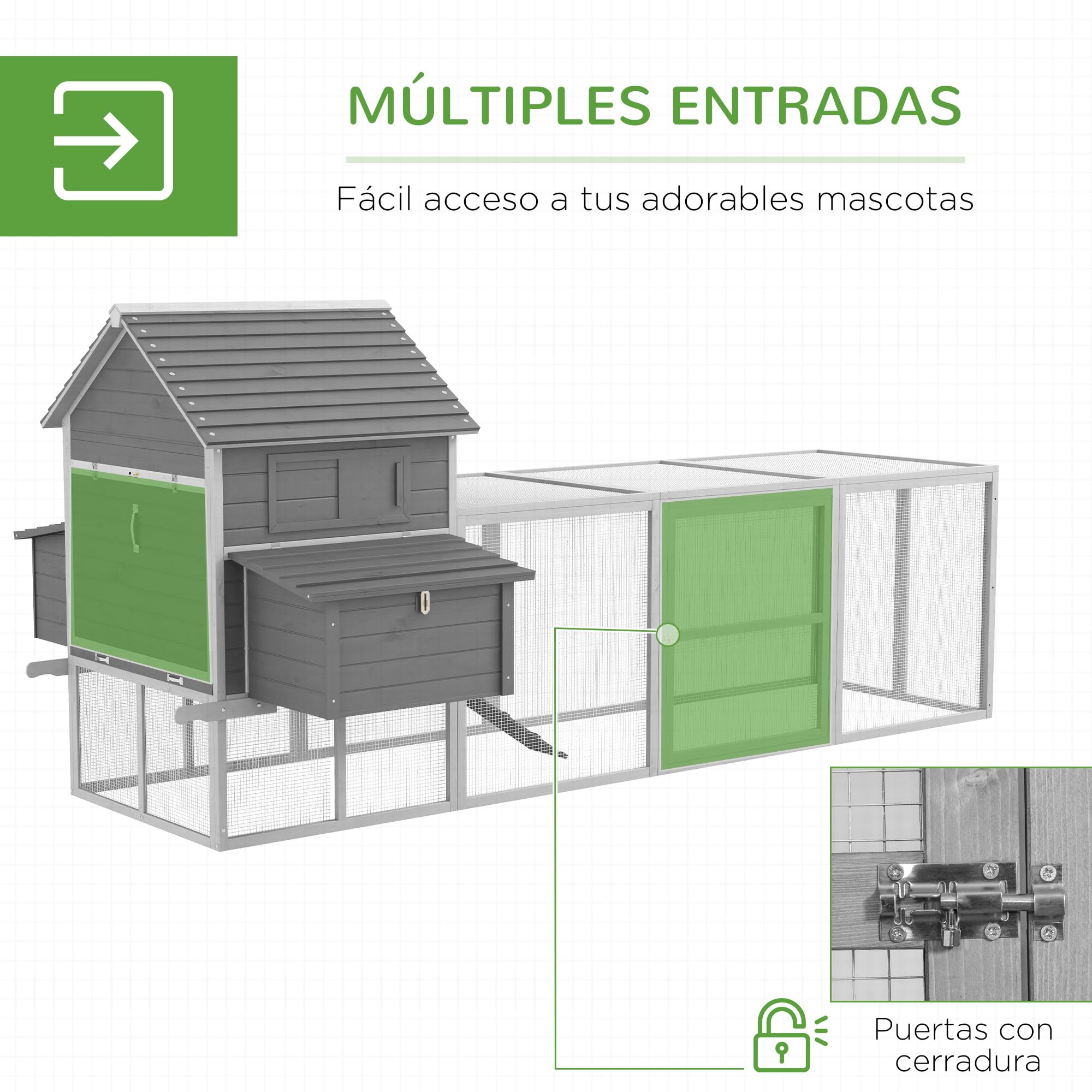 PawHut Gallinero Grande de Madera 4-6 Gallinas 310,5x149,5x149 cm Gris | Gallinero para Exterior, 2 Ventanas, Puertas, 2 Nidos, Bandeja Extraíble, Rampa, Fácil de Limpiar