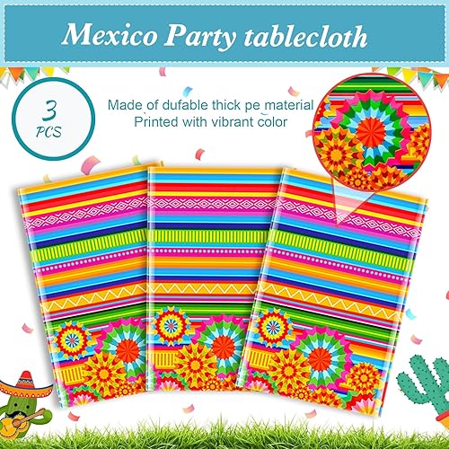 Miniatura 4 de HOWAF 3 manteles de fiesta mexicana, manteles rectangulares de plástico del Cinco de Mayo para noche de taco, cumpleaños, suministros de fiesta