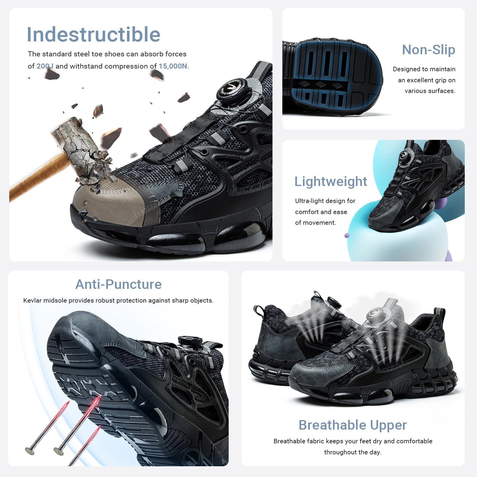 USOR Zapatillas de seguridad para hombre y mujer, con puntera de acero, zapatillas de trabajo, ligeras, con hebilla giratoria, sin cordones, antideslizantes, con cojín de aire