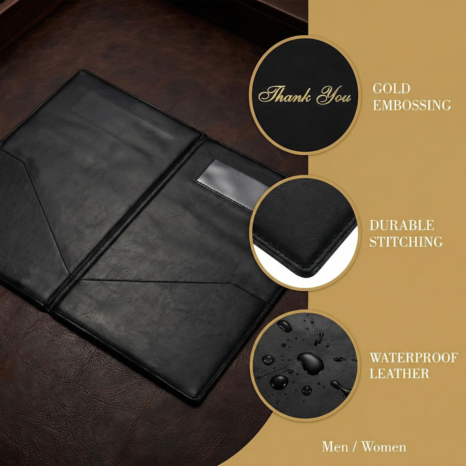 GALPADA 4 Pezzi Set da 4 Porta-conto per Ristorante 28x25,5 Cm in Materiale Resistente, Porta Ricevute e Portamenù Nero con Scritta Dorata Grazie", per Camerieri e Servizio Clienti in Bar