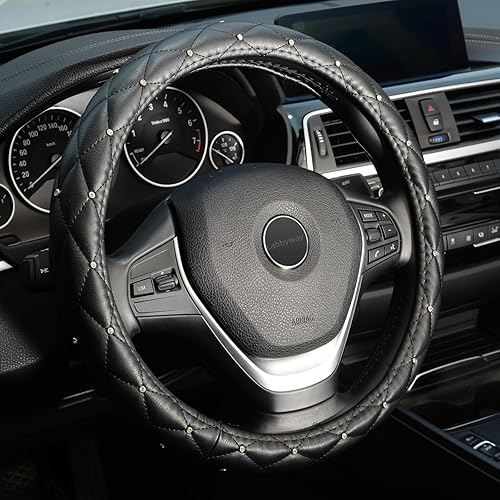 LABBYWAY Funda para volante de piel con diamantes de imitación brillantes, ajuste universal de 15 pulgadas, funda para volante de automóvil para