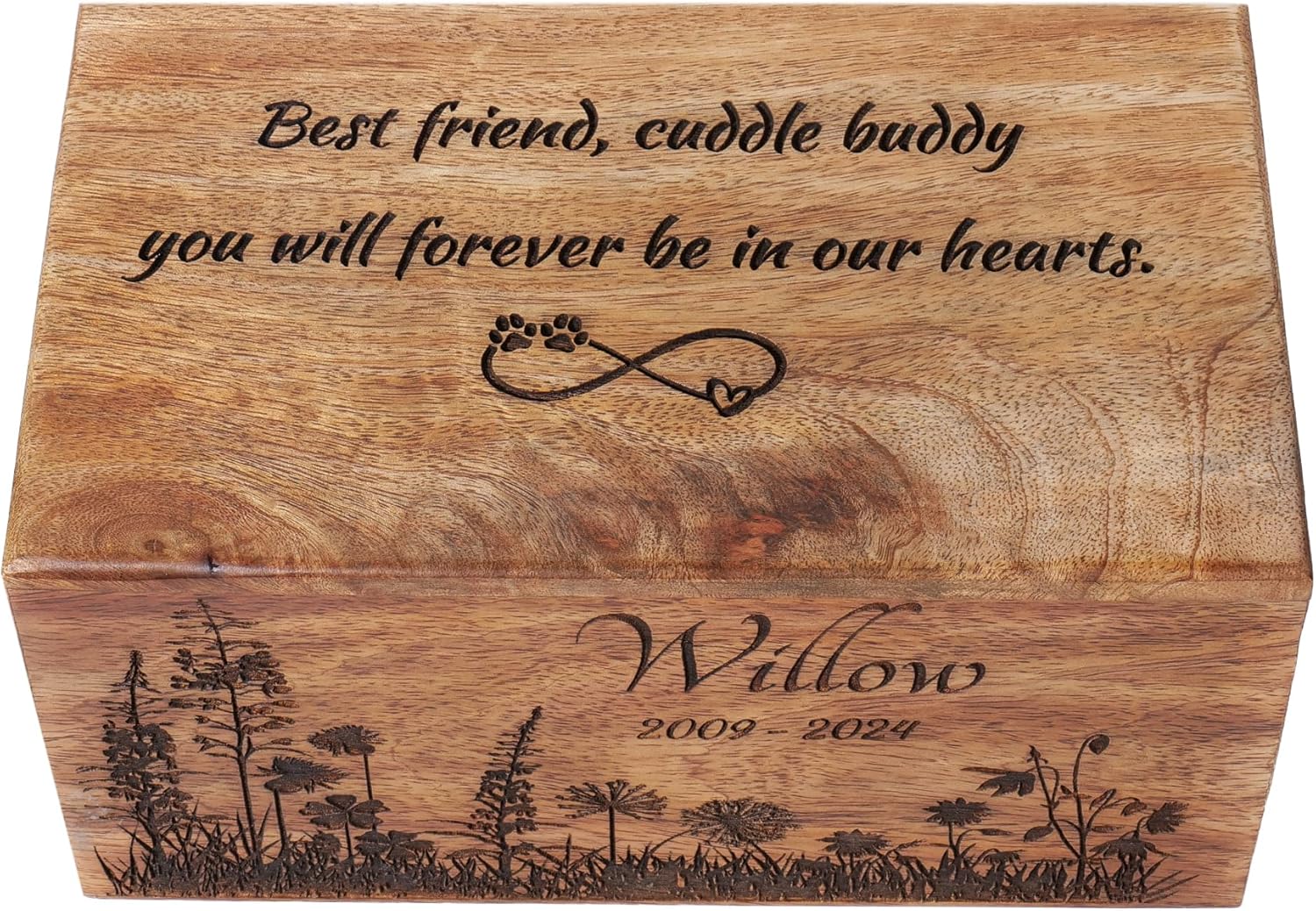 Wooden Memorial Urn for Pet or Human Ashes - Custom Engraved Cremation Urn with Dandelion Grass Design - Handcrafted Keepsake for Pets or People