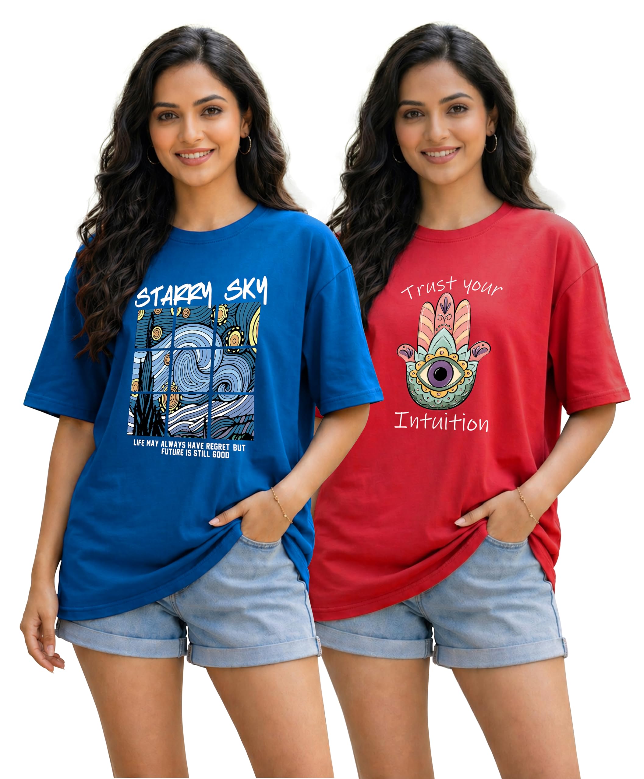 Women's Cotton Oversized Fit Printed Round Neck Oversize T-Shirt | Loose Fit Drop Shoulder Tshirts | Oversized Tshirt for Womens | S,M,L,XL,2XL | Combo Pack of 2 | A4-picture-12