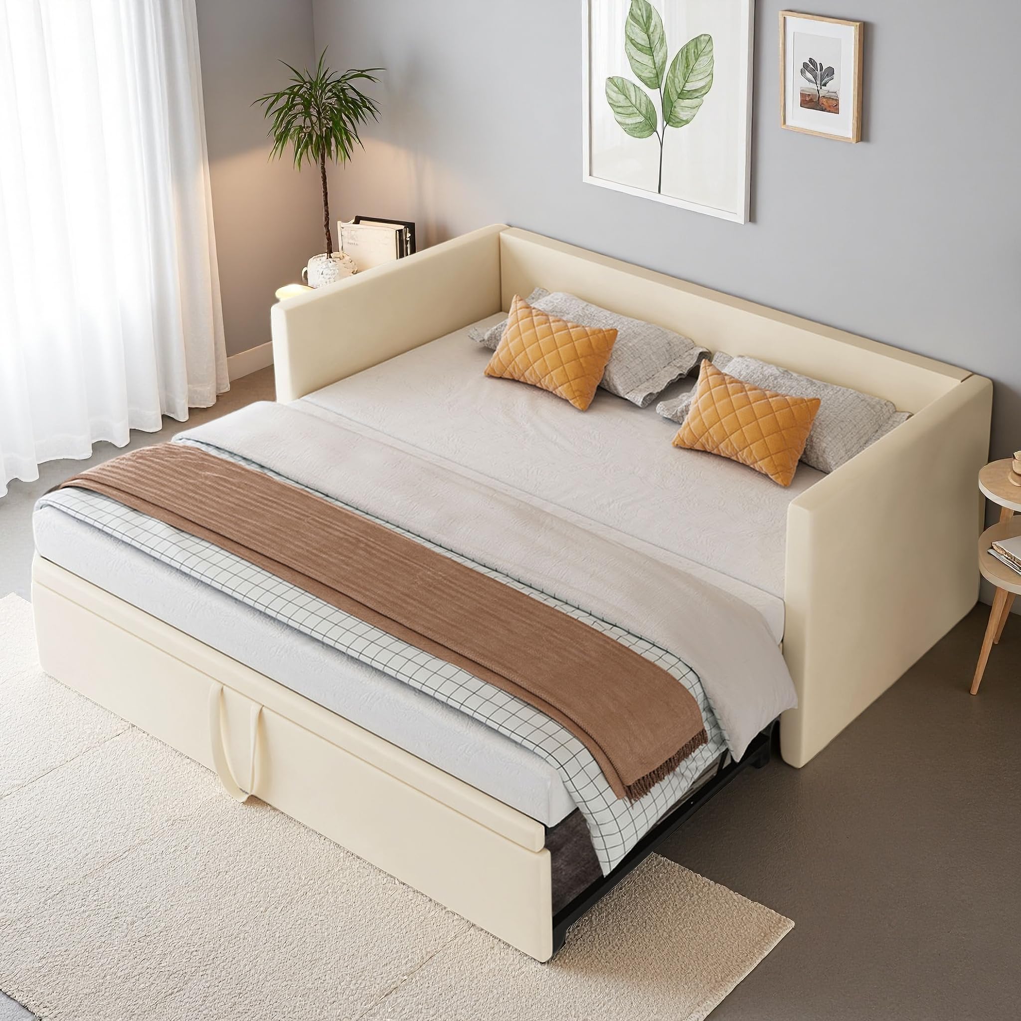 Canapé Lit Convertible 90/180 x 200 cm, Sommier à Lattes Extensible 2 Places, Lits Gigogne Multifonctionnel Rembourré pour Adolescent et Adulte, sans Matelas (Beige)