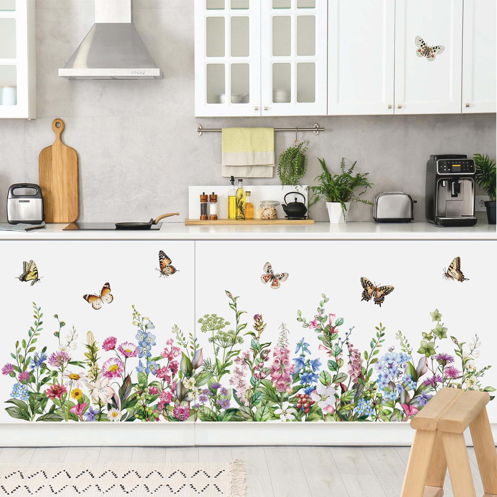 decalmile Green Grass Flower Wall Corner Decals Garden Floral Butterflies Baseboard Skirting Line Wall Stickers Bedroom Living Room Kids Room Wall Art Decor - Image 2