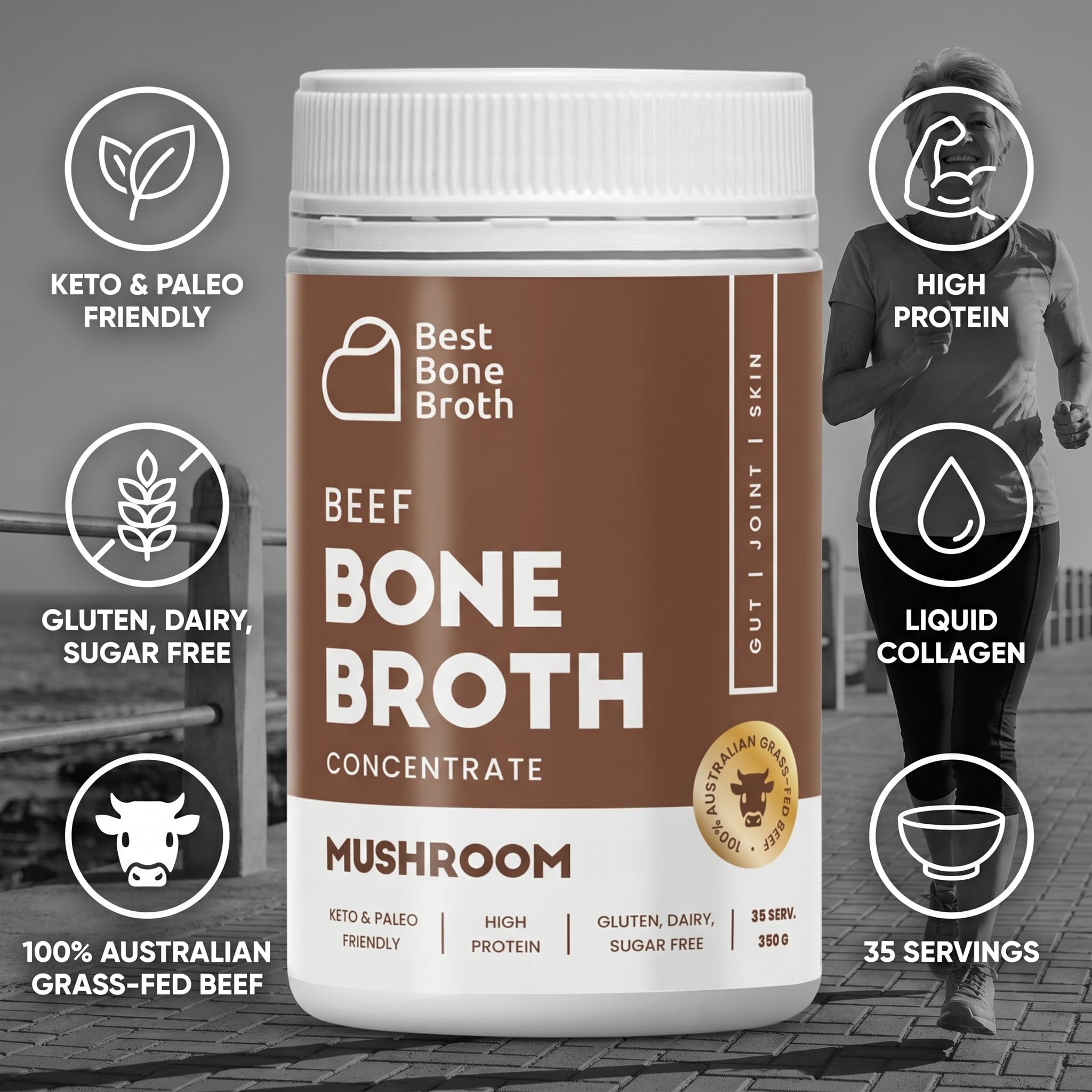 Concentré de bouillon d'os de bœuf nourri à l'herbe avec champignons | Keto, riche en protéines, sans gluten | 35 portions / 8,7 litres