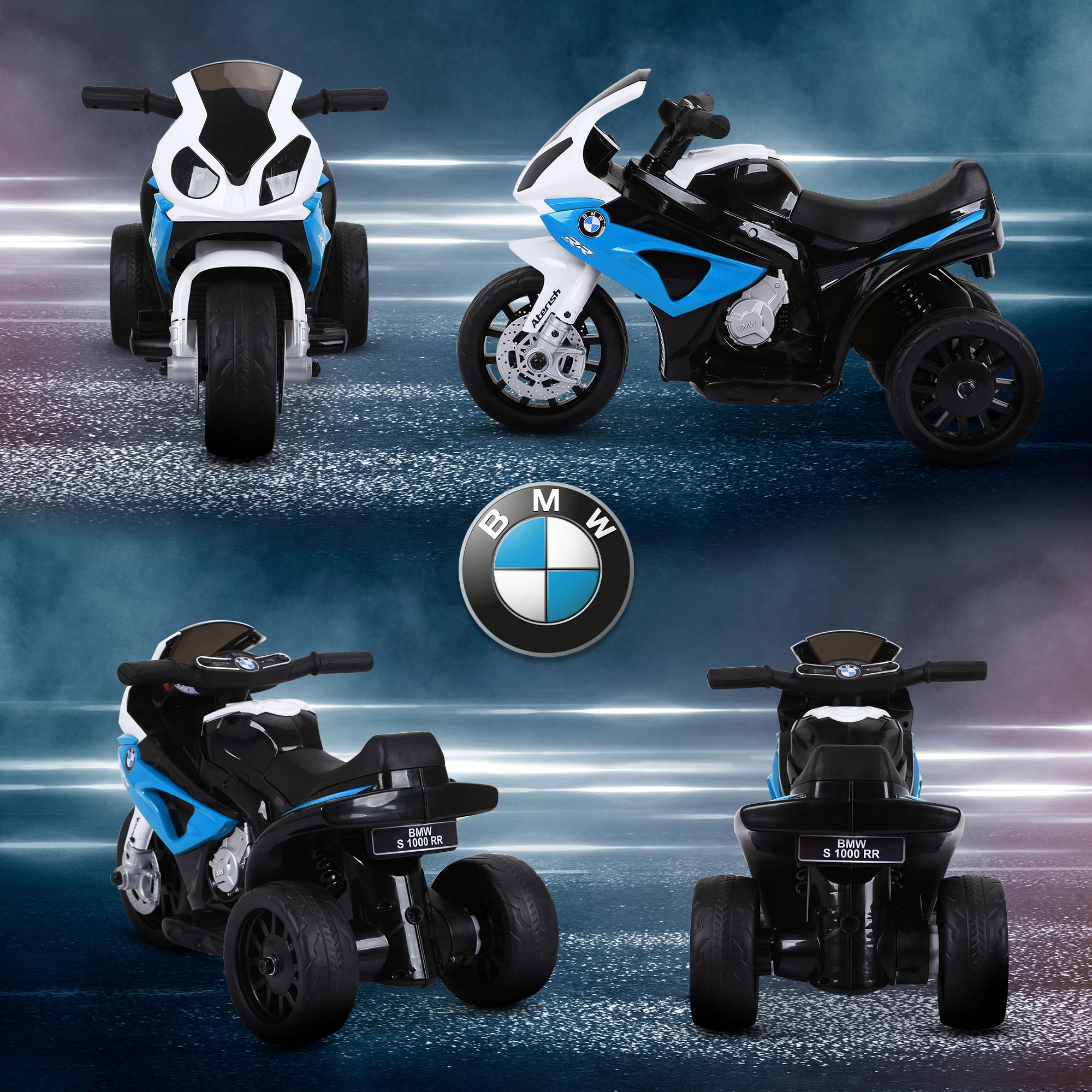 HOMCOM Moto électrique Enfants sous Licence BMW S1000 RR, 3 Roues, 6V et 2,5 Km/h, Voiture électrique Enfants avec Effets Lumineux et sonores, Moto Enfant, Charge Max. 20 kg, Bleu