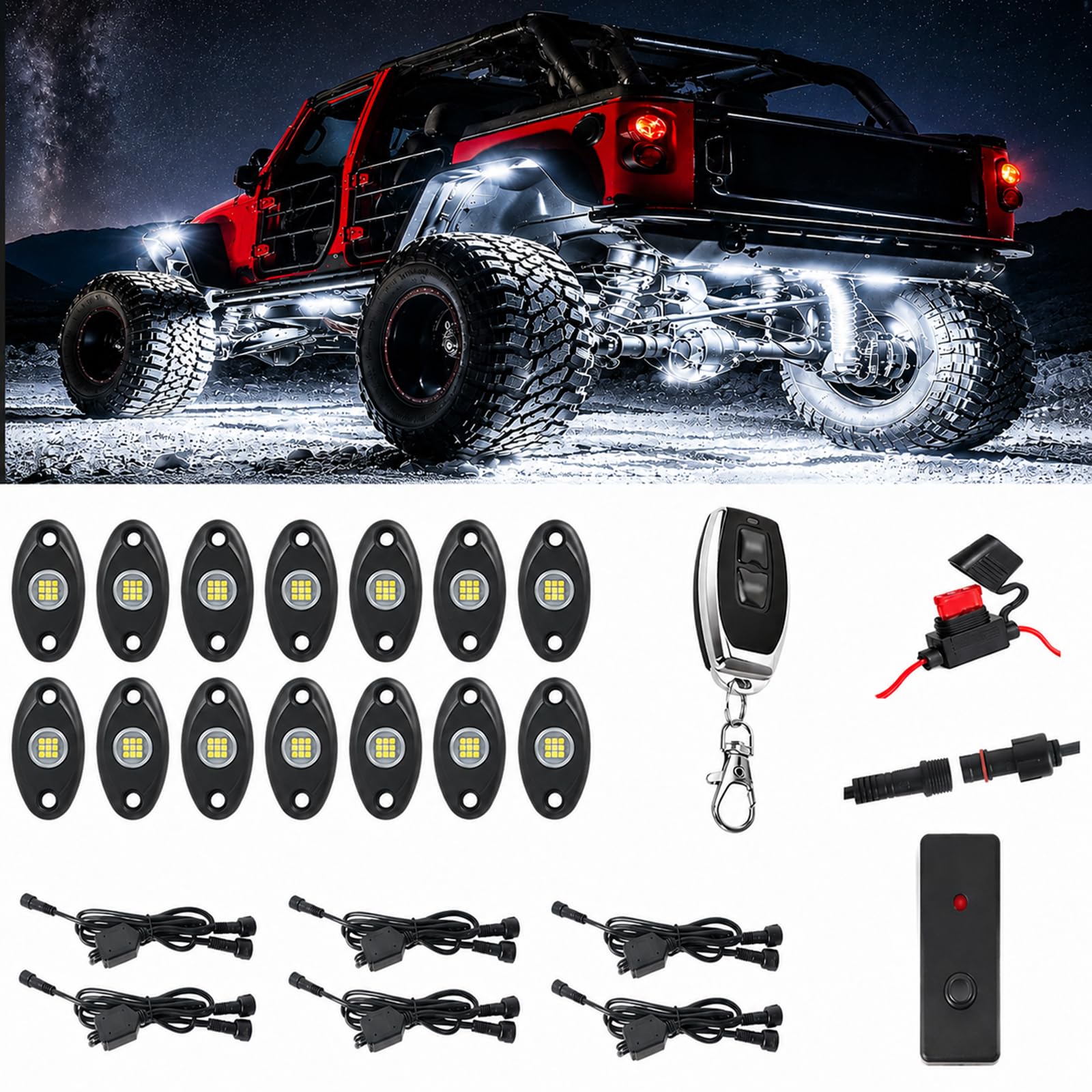 12pods White Rock Lights for Trucks Utv ATV Wired and Wireless Switch Kits | 6000K Pure White Rock Lights kit IP68 Waterproof