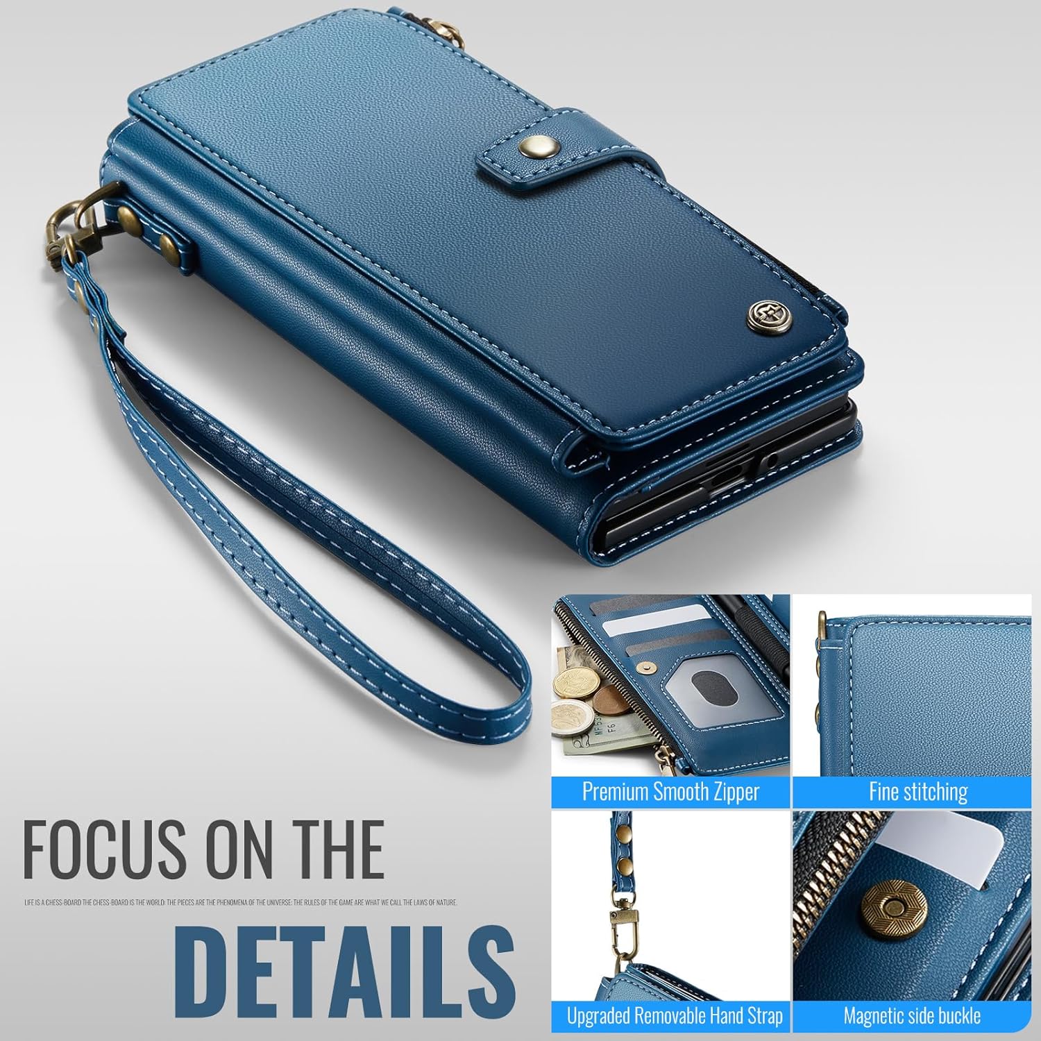 Vinich for Samsung Galaxy Z Fold 7 Wallet Case with Card Holder, Detachable Strap RFID Blocking Credit Slots Kickstand Shockproof Phone Cover Fit for Galaxy Z Fold 7 8.0" Blue