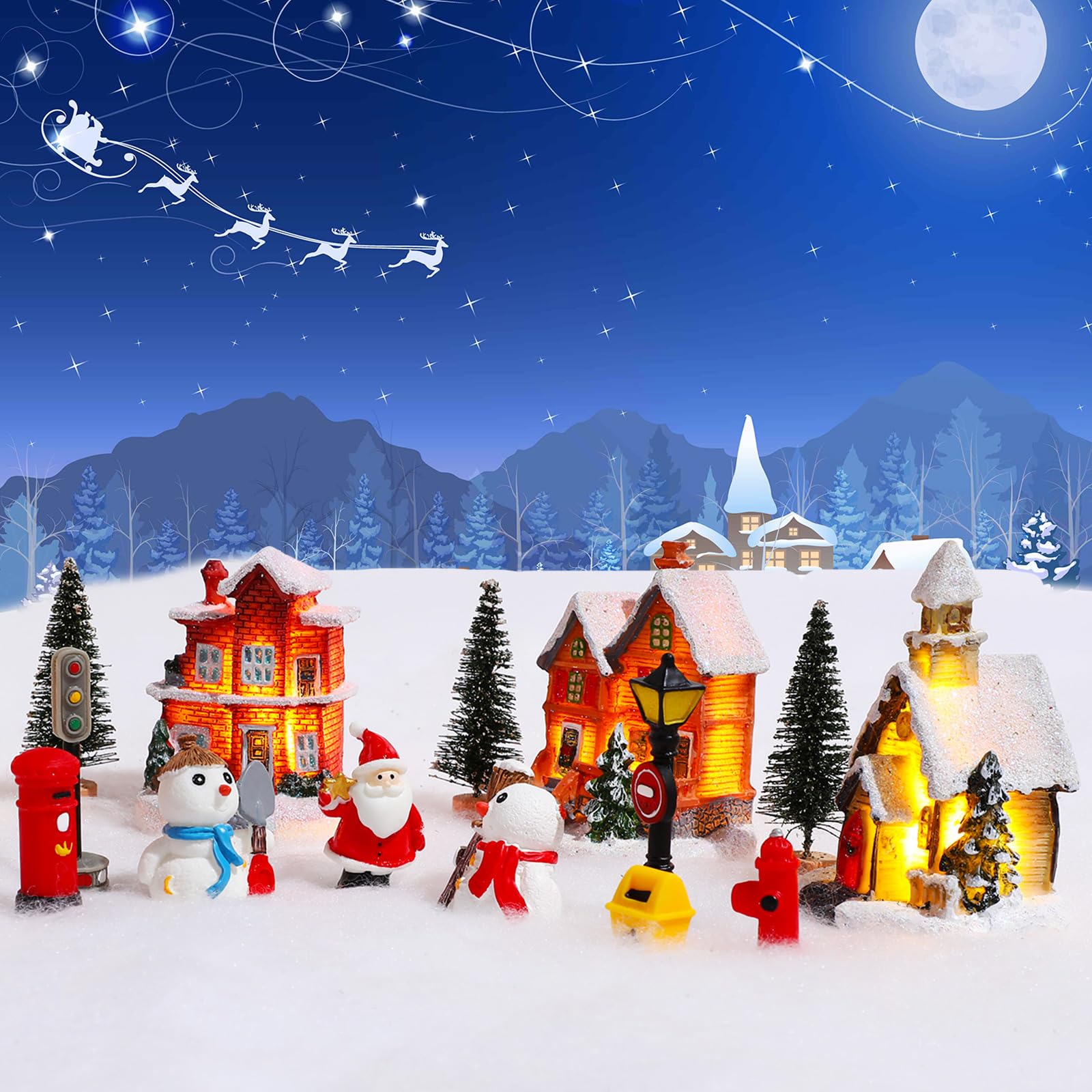Briwooody Lot de 17 maisons de village de Noël lumineuses à DEL avec figurines en résine - Décoration de bureau - Collection de village de Noël - Décoration d'intérieur - Bâtiments de collection