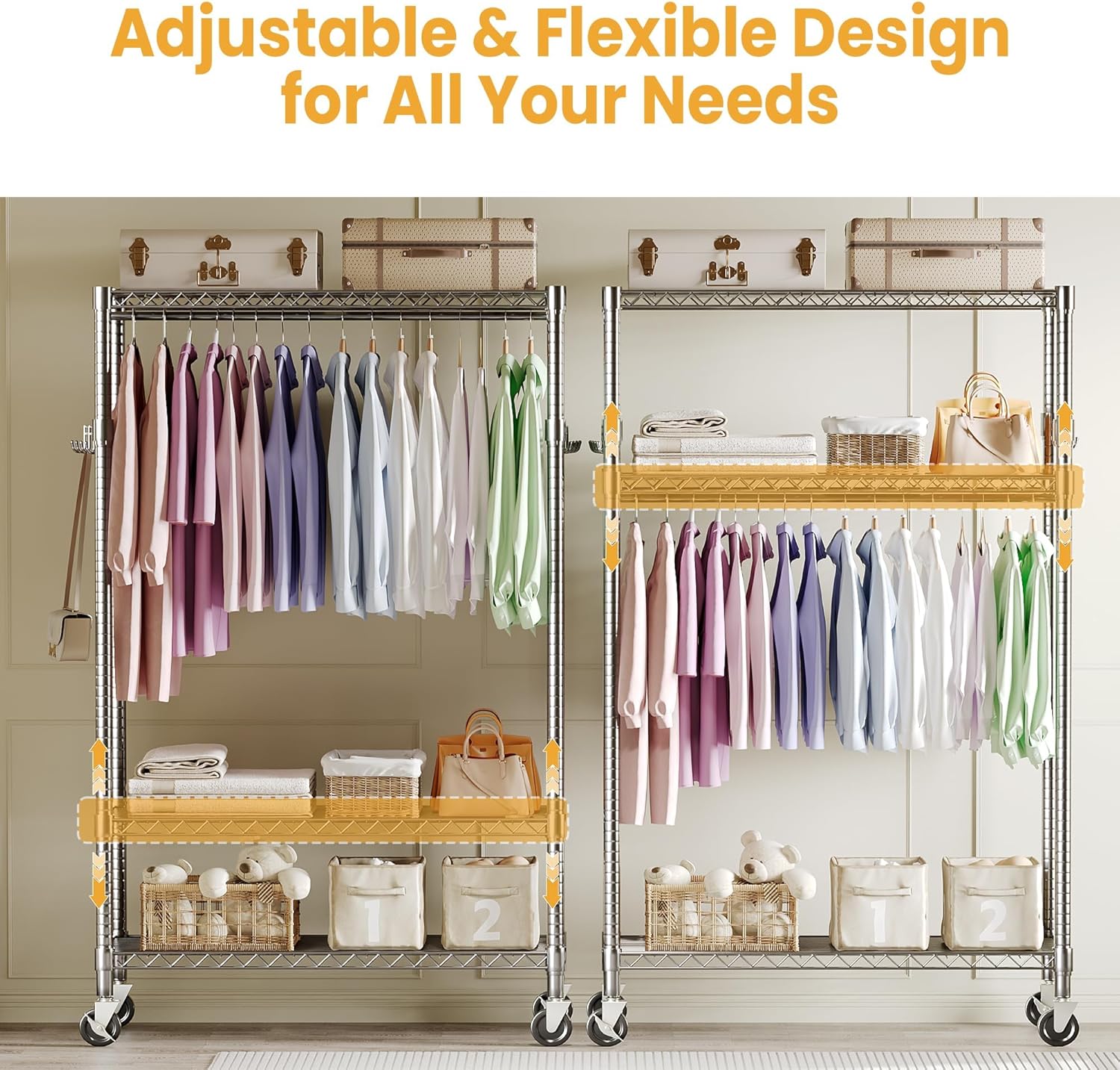 Heavy Duty Rolling Clothes Rack with 22 mm pipes, 695LBS Metal Garment Rack for Hanging Clothes, Freestanding Clothing Racks with Adjustable Storage Shelves Hanging Rod Side Hooks