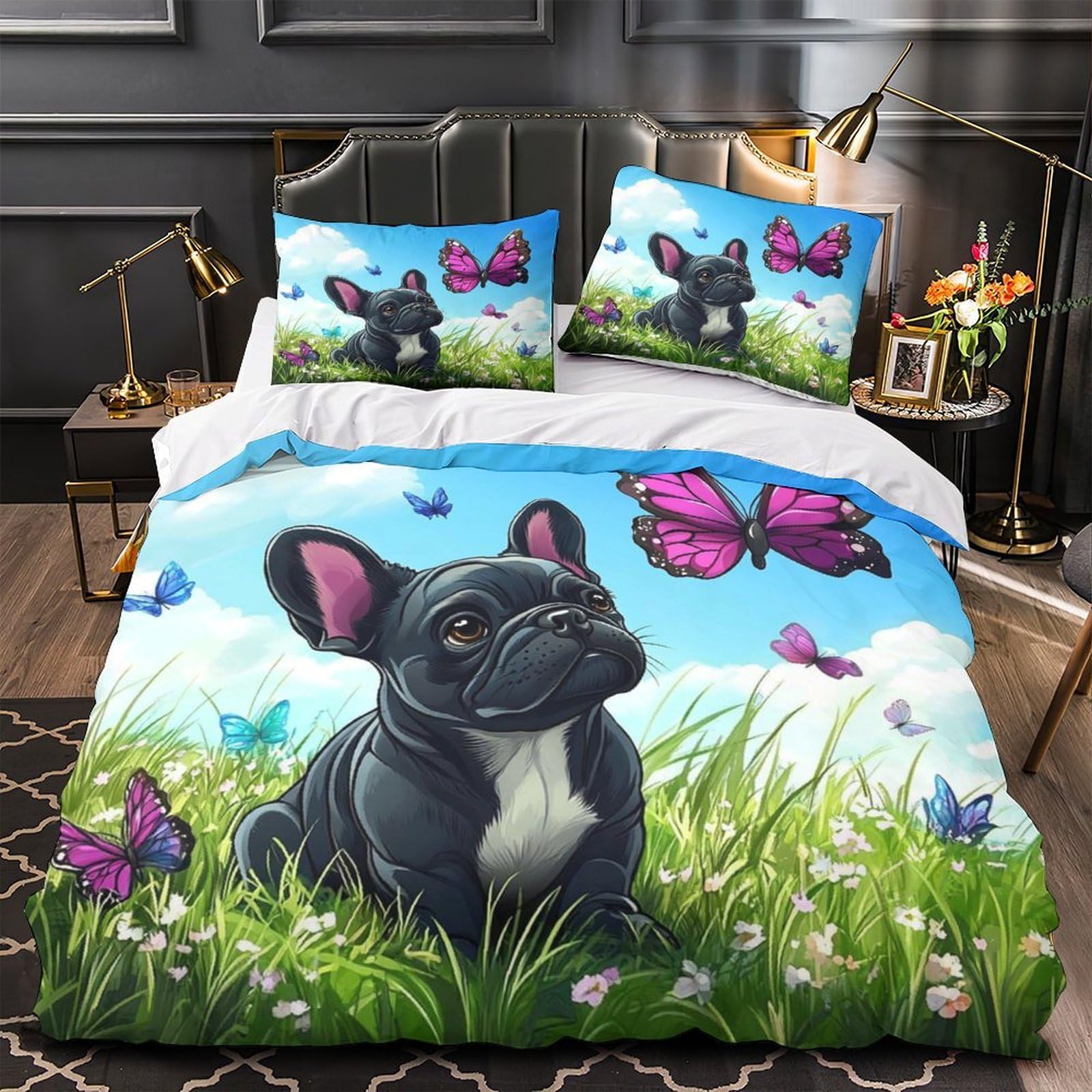 MMDASBVPE French Bulldog Puppy Comforter Cover 3D Print Super Soft 3-Piece Bed Set Hidden Zipper Duvet Cover Hotel Quality Hypoallergenic for Adults Women Kids Girls Boys Double（200x200cm）