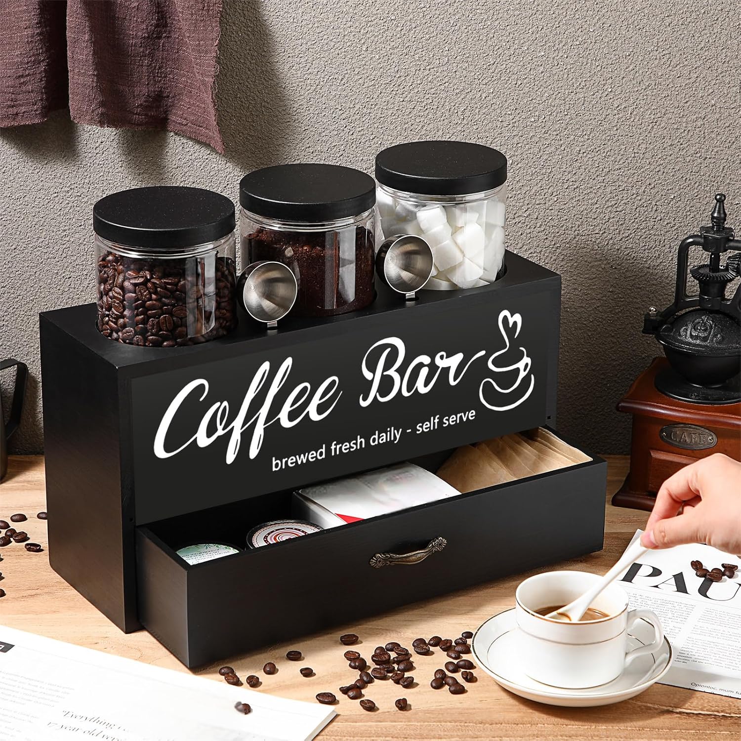 3 Pcs Coffee Canister Set with Shelf and Spoon Plastic Coffee Bean Storage Container with Lids Coffee Storage Box with Drawer Food Storage Jars for Coffee Bar Kitchen (Black) - Image 5