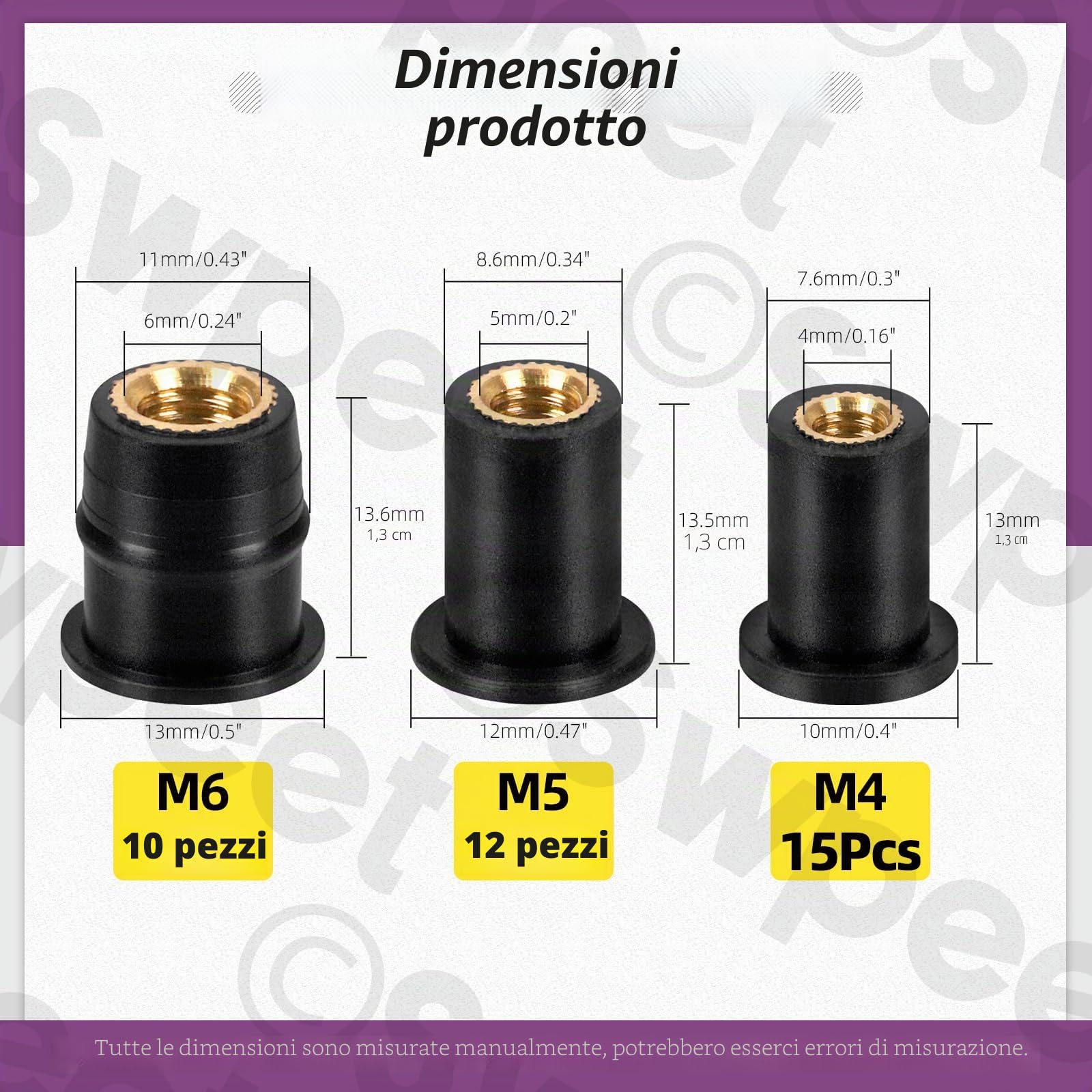 Swpeet Set di 37 Dadi M4 M5 M6 in Gomma Nera Ondulata per Parabrezza, Fissaggio, Rivestimento Moto e Neoprene - Espansione in Ottone per Canoa
