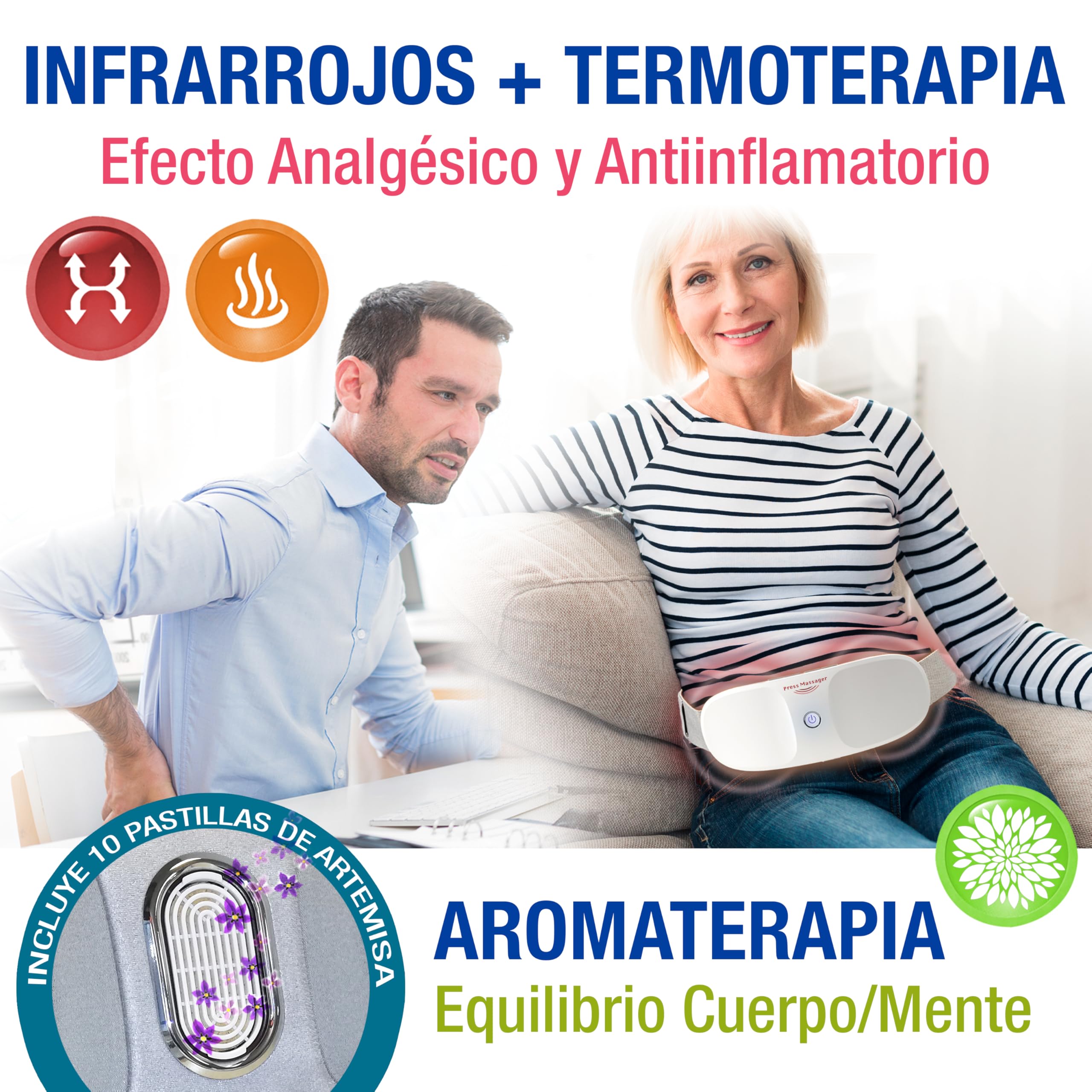 Cinturón de Masaje PRESS MASSAGER Ayuda a aliviar el dolor de espalda y abdominal. Masaje Shiatsu por Presoterapia, Infrarrojos, Termoterapia y Aromaterapia. Sin cables. Mando a distancia. Ajustable.