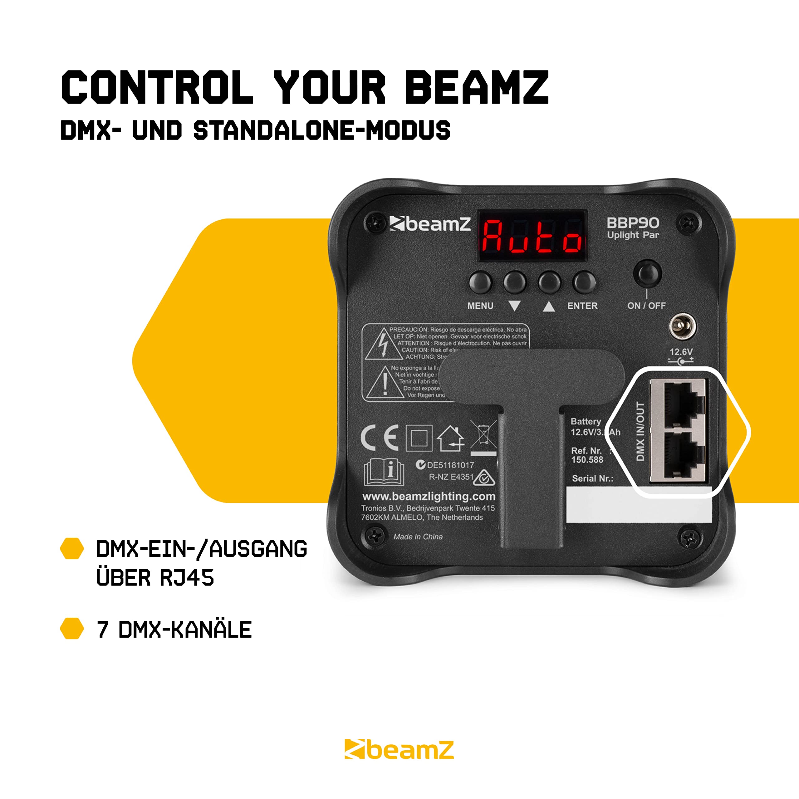 BeamZ BBP90 LED Uplight LED Par Strahler, 20h Akku, 4er Set mit Tasche, 4 x 4 Watt, Bühnenbeleuchtung Set für DJ Pult, Bühnenlicht, DMX-LAN, Partylicht Musikgesteuert, Bühnenequipment, Fernbedienung