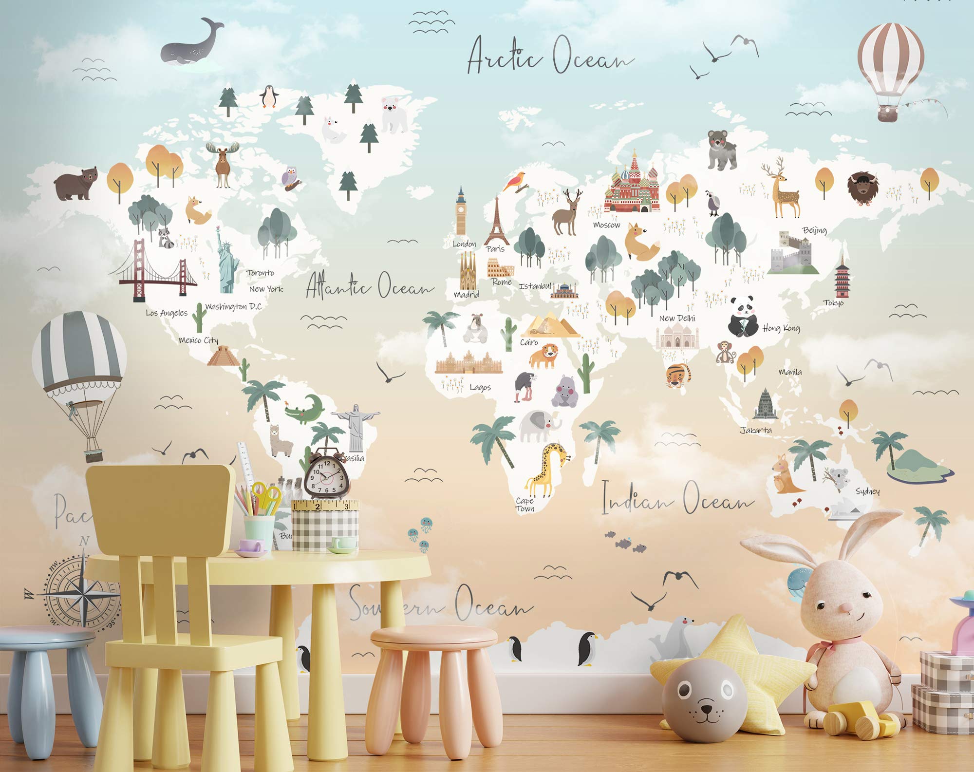 Murwall Kids Wallpaper Map Wallpaper for Girls Pink World Map Political