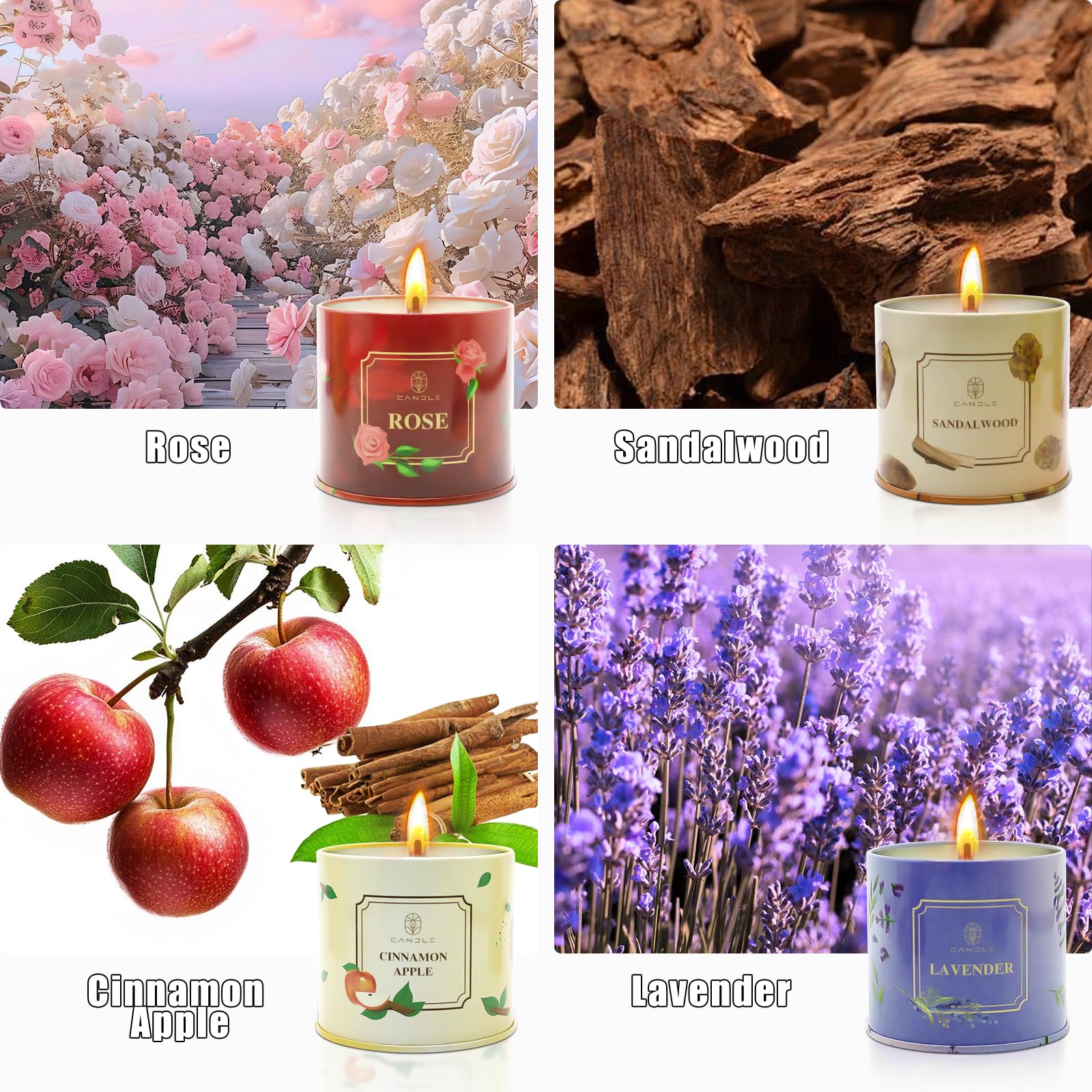 Duftkerzen, Sojawachs, langlebig, Rosen-Lavendel, Sandlaholz, Apfelduft, Geschenke für Frauen, Muttertag, Erntedankfest, Weihnachten, 4 Stück