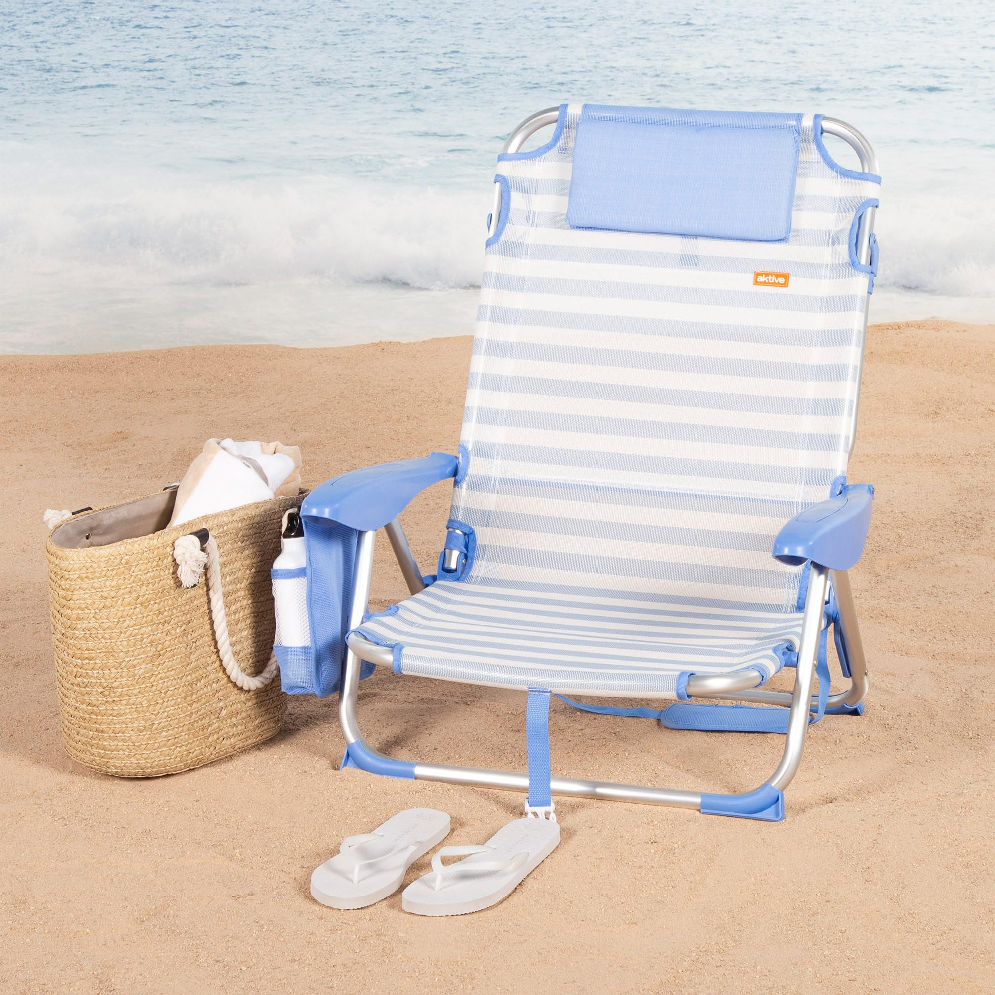 AKTIVE Silla de Playa Plegable, Rayas marineras, 51x45x76 cm, 4 Posiciones, Aluminio y textileno, Antivuelco, Soporta 110 kg, Cojín, Asa Transporte, Bolsillos, Tumbona jardín (62547)