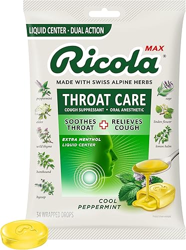 Ricola Max Cool Peppermint - Bolsa grande para el cuidado de la garganta, gotas supresoras de la tos, centro lĂquido de doble acciĂłn, alivio Ricola Max Cool Peppermint - Bolsa grande para el cuidado de la garganta, gotas supresoras de la tos, centro lĂquido de doble acciĂłn, alivio