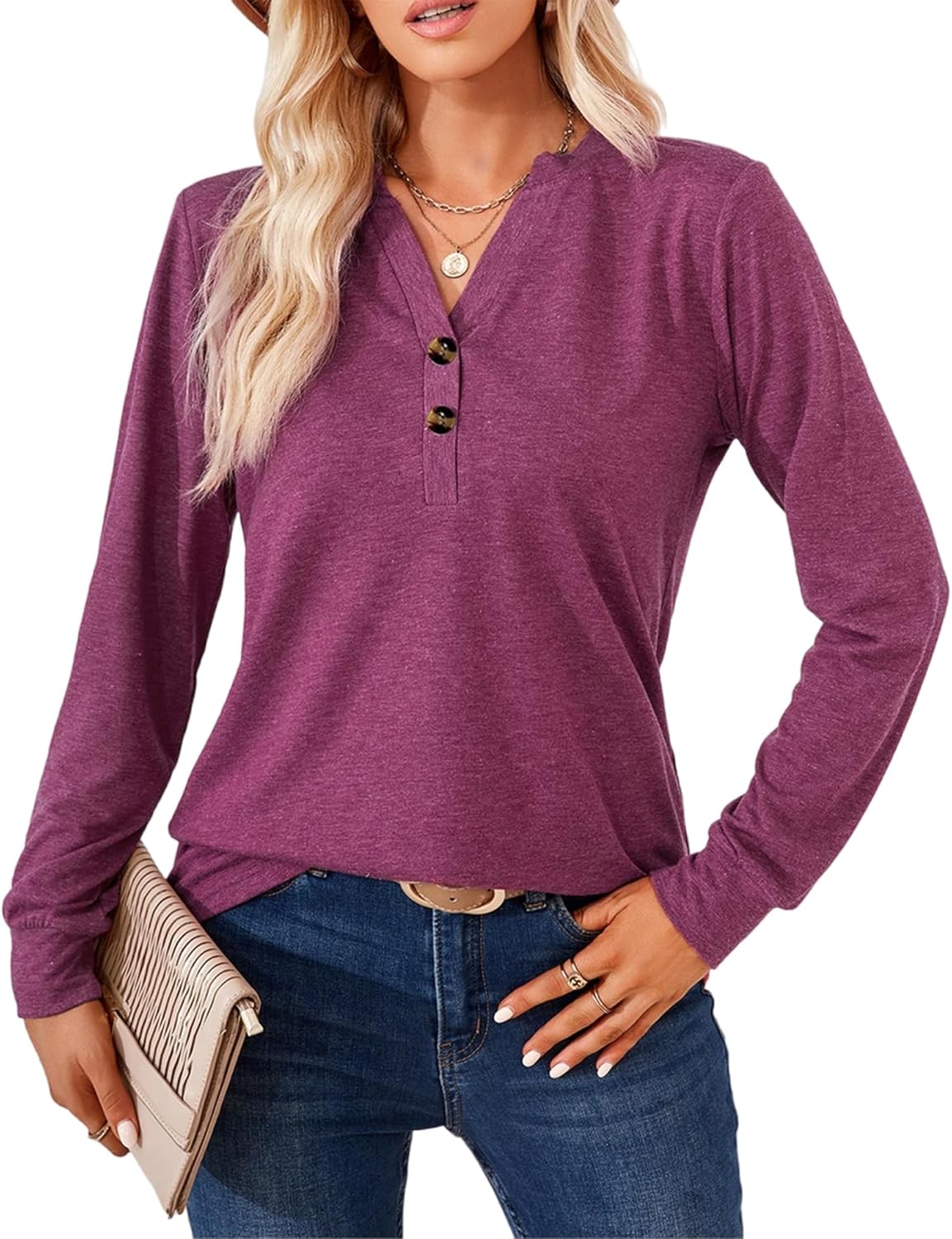 T-shirt a maniche lunghe da donna, camicette eleganti autunnali e invernali, camicetta con scollo a V con bottoni decorativi, top casual a maniche lunghe, maglietta alla moda da donna, maglietta Henley da donna, taglie S-XXL