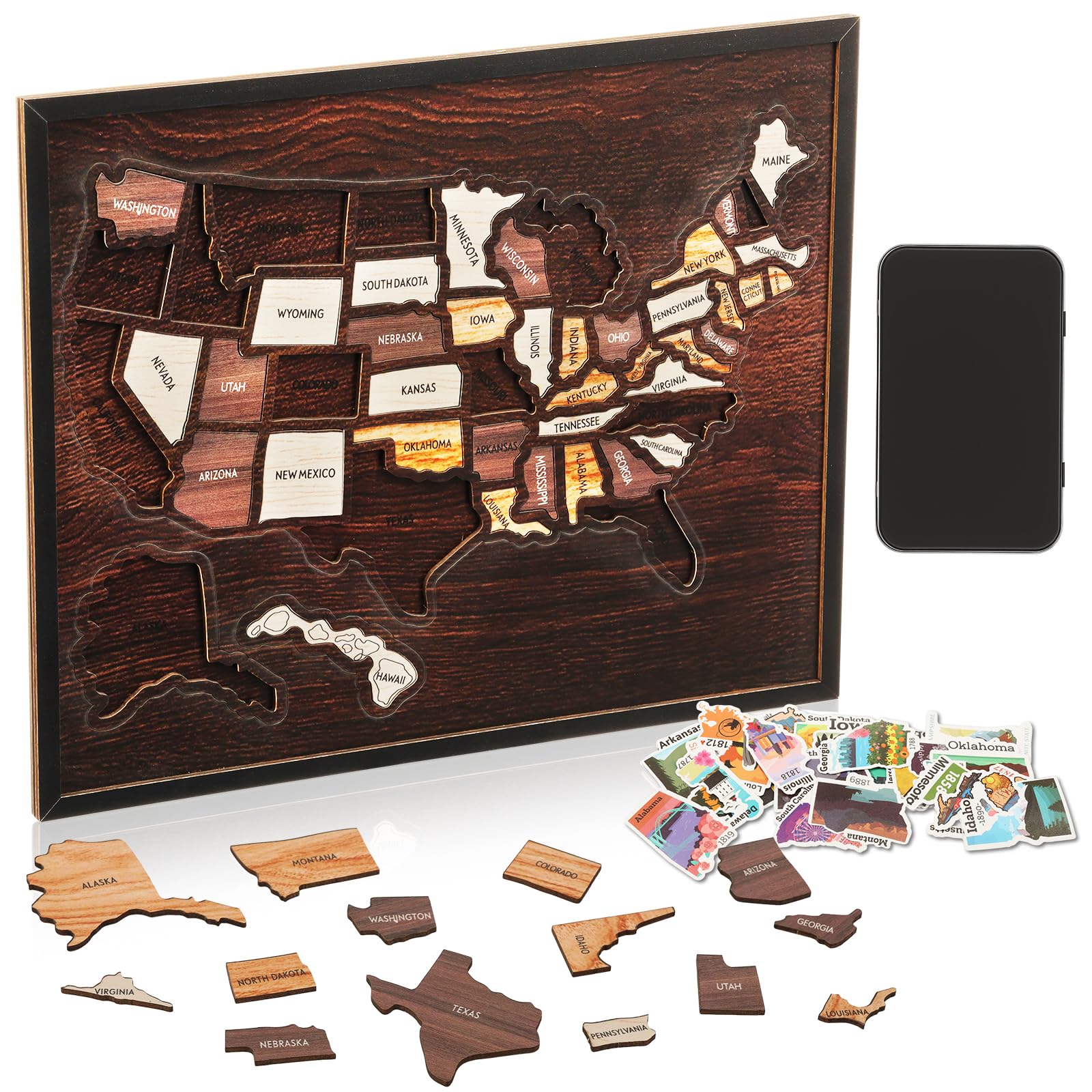 GUIJZSLTRG Wooden USA Travel Map Puzzle 11.81x9.72 inch Journey Tracker Maps with Stickers for Couple and Family Present, Interactive Geography Learning Toy for Living Room Office Tabletop Wall