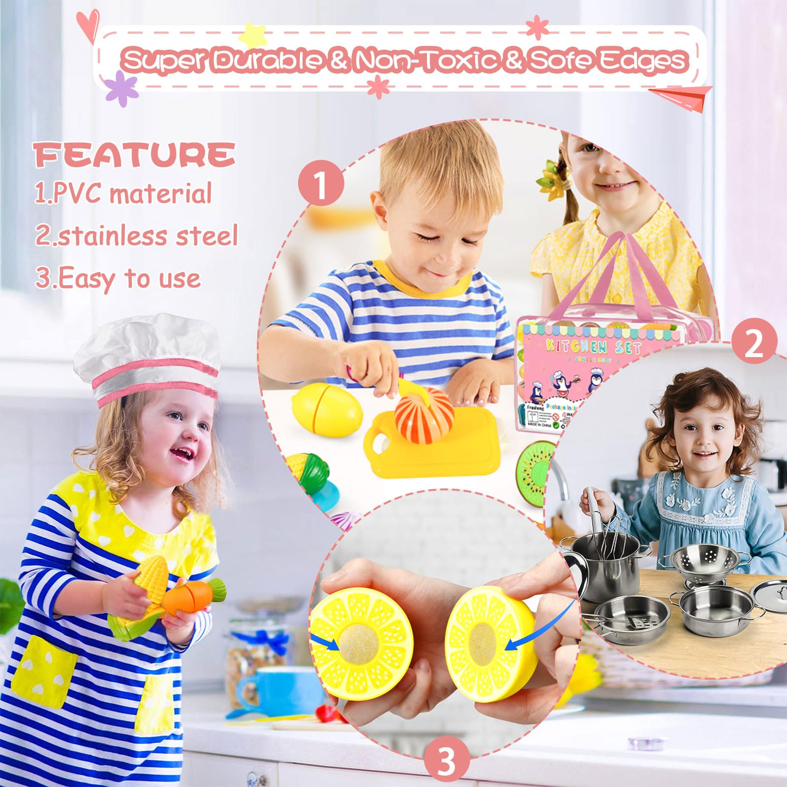 Kinderkeuken, speelkeuken, accessoires, kinderkeukenspeelgoed, levensmiddelen, speelkeuken, roestvrij staal, pannenset, met schort en kookmuts, keukenaccessoires hout voor kinderen, jongens en meisjes