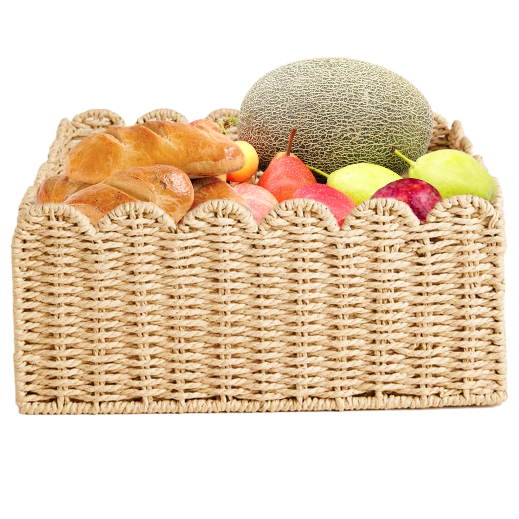 Licsaliwe Khaki Scalloped Wicker Basket, Paper Rope Woven Storage Organizer For Kitchen Pantry/14.2In