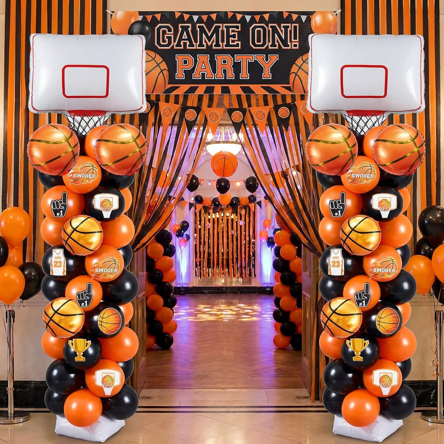 Gejoy 2 Sets Basketball Hoop Balloon Column Stand Kit Includes 169 Latex Balloons 12 Pcs Cards 6.5 ft Adjustable Stands Tower Kit for Basketball Party Decorations