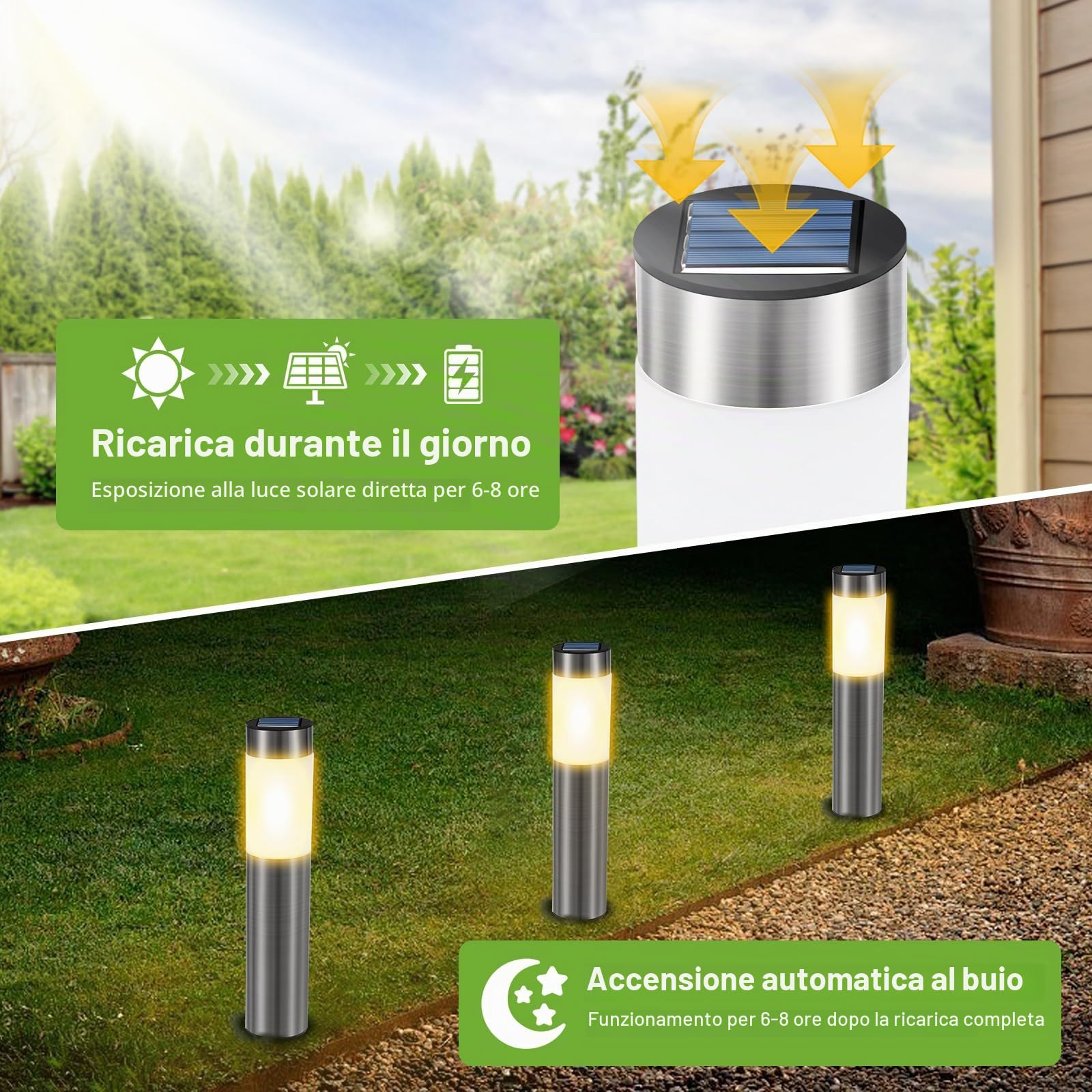 Luci Solari da Esterno, 4 Pezzi Lampada Solare da Esterno Impermeable, Lampade Solari da Giardino Giallo Caldo Luci Giardino Energia Solare LED per Terra Cortile Prato Vialetto