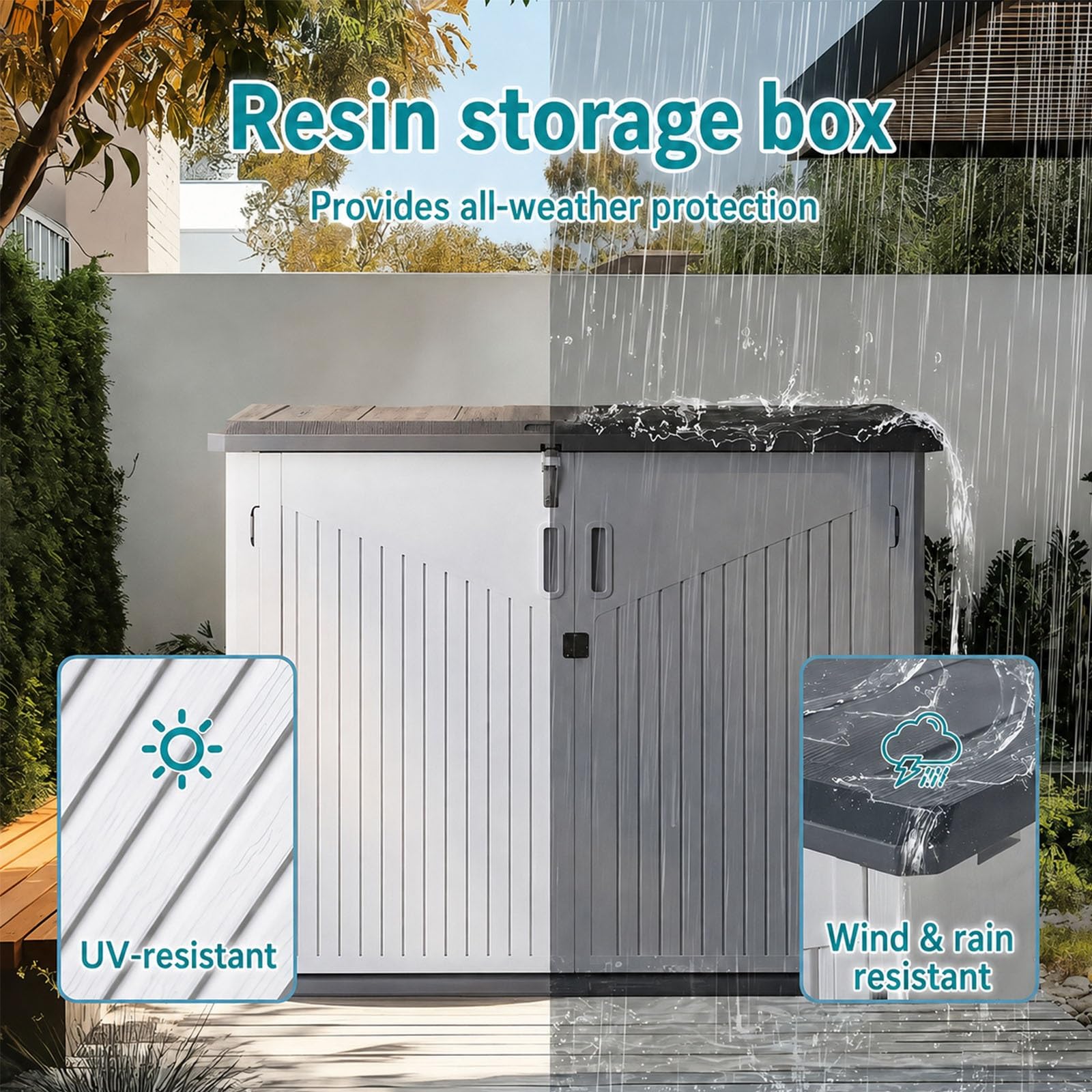 Generico Box da esterno 35 Cu Ft, per 2 bidoni, chiudibile a chiave | Box esterno in HDPE con pistoni a gas, serratura e picchetti, per 2 bidoni e cuscini da patio