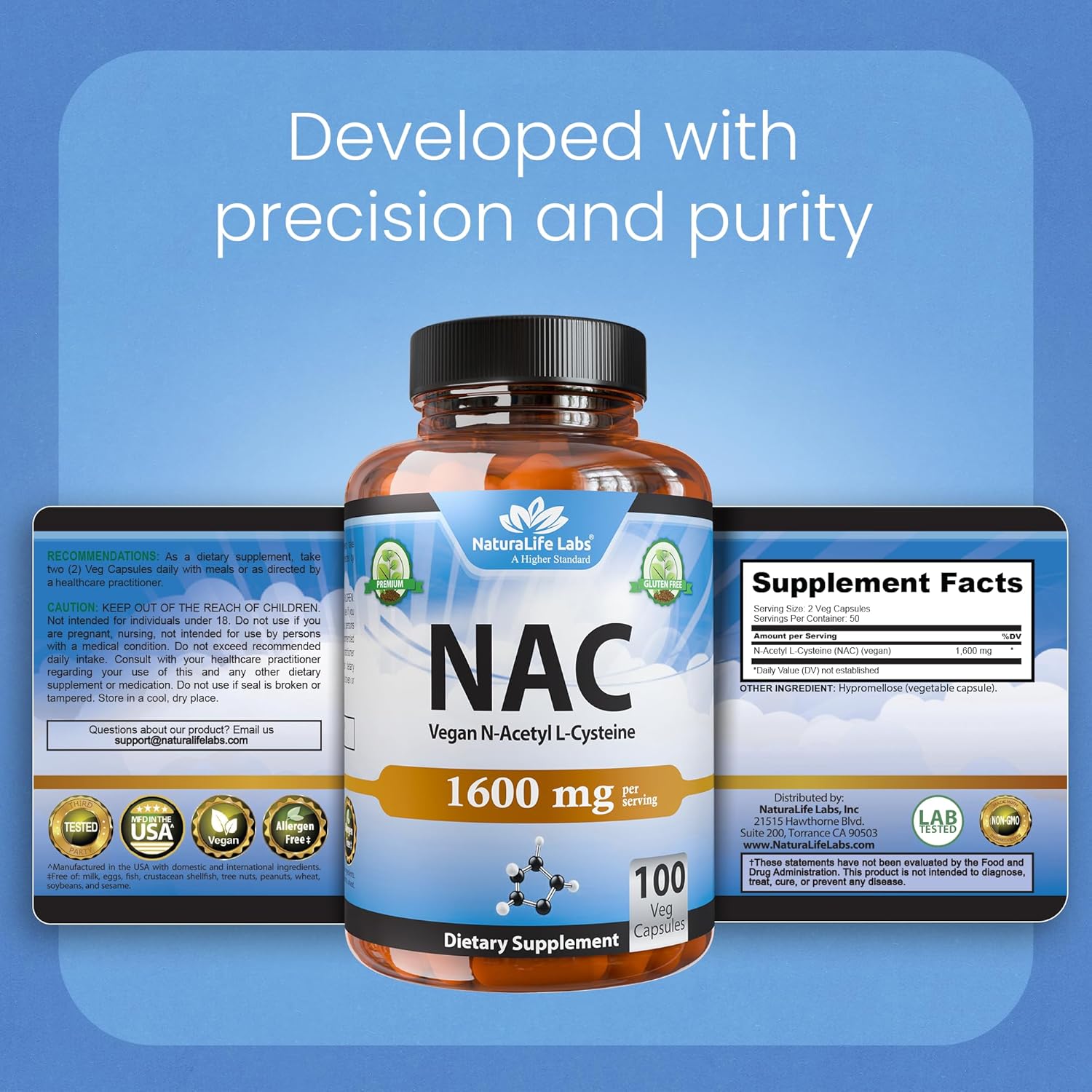 NaturaLife Labs N-Acetyl-L-Cysteine (NAC) 1600 mg – 100 Capsules, Non-GMO & Gluten-Free (2 Pack) (2)