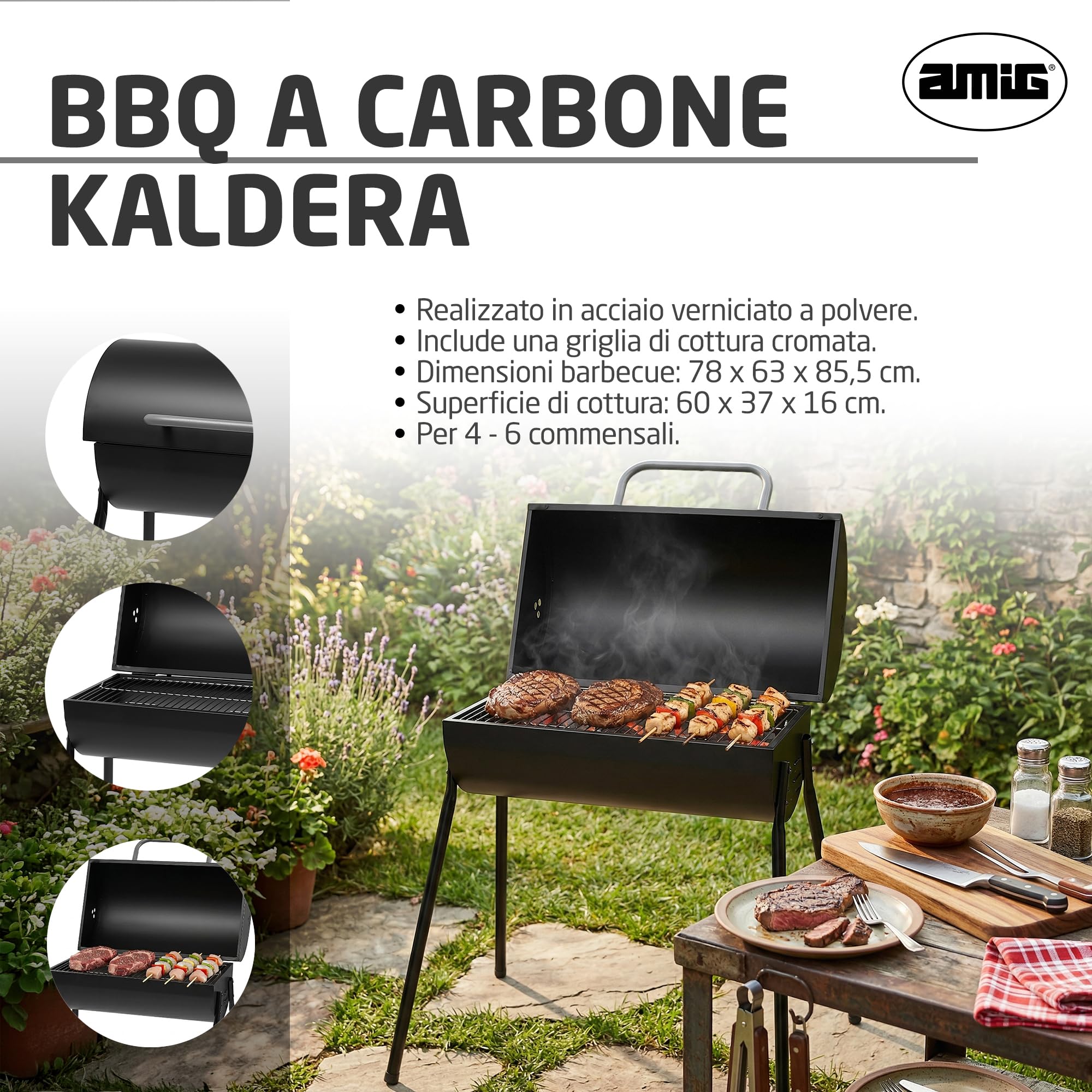 Amig - Barbecue a carbone - 83 x 58 x 84 cm - Nero - Realizzata in Acciaio - per giardino e patio con uso familiare e riunioni, montaggio semplice, pulizia comoda e qualità costante. Mod. KALDERA