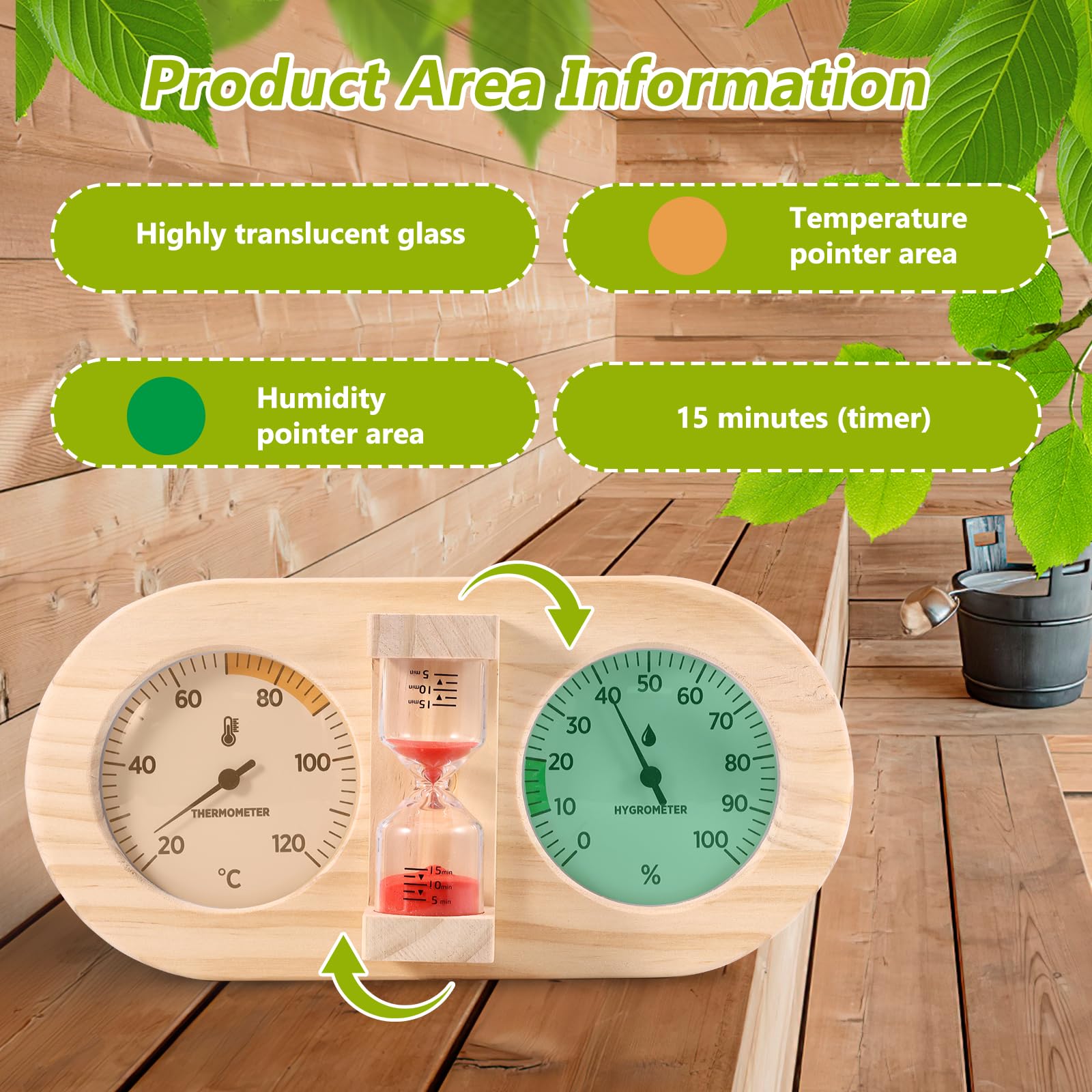 Sauna Thermometer Hygrometer 2-in-1, Wood Sauna Thermo-Hygrometer, High Accuracy Sauna Accessories Measuring Temperature and Humidity for Steam Room Sauna Room, Red Hourglass - 5