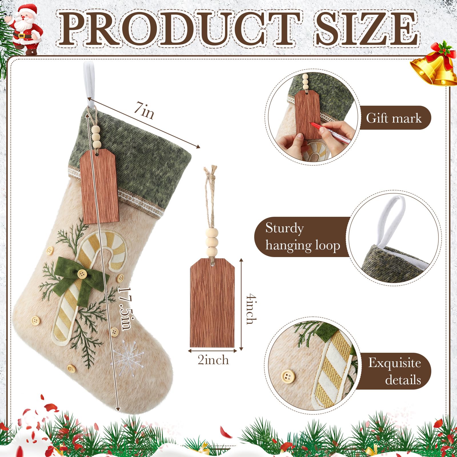 Shyyween 3 calze natalizie rustiche personalizzate, 38 cm, con albero di pan di zenzero e bastoncino di zucchero ricamato, in feltro, con targhette in legno vuote, per caminetto, caminetto
