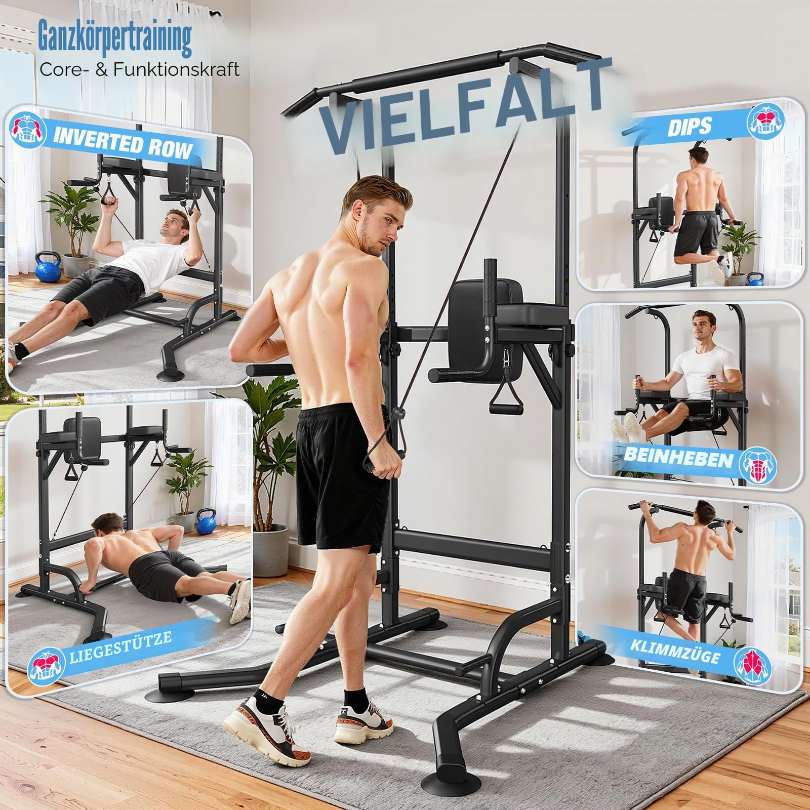 Dskeuzeew Power Tower Multifunktion Dip-Station Klimmzugstange Freistehend für power station Krafttraining keine Bohrung im Home-Gym belastbar 205 kg